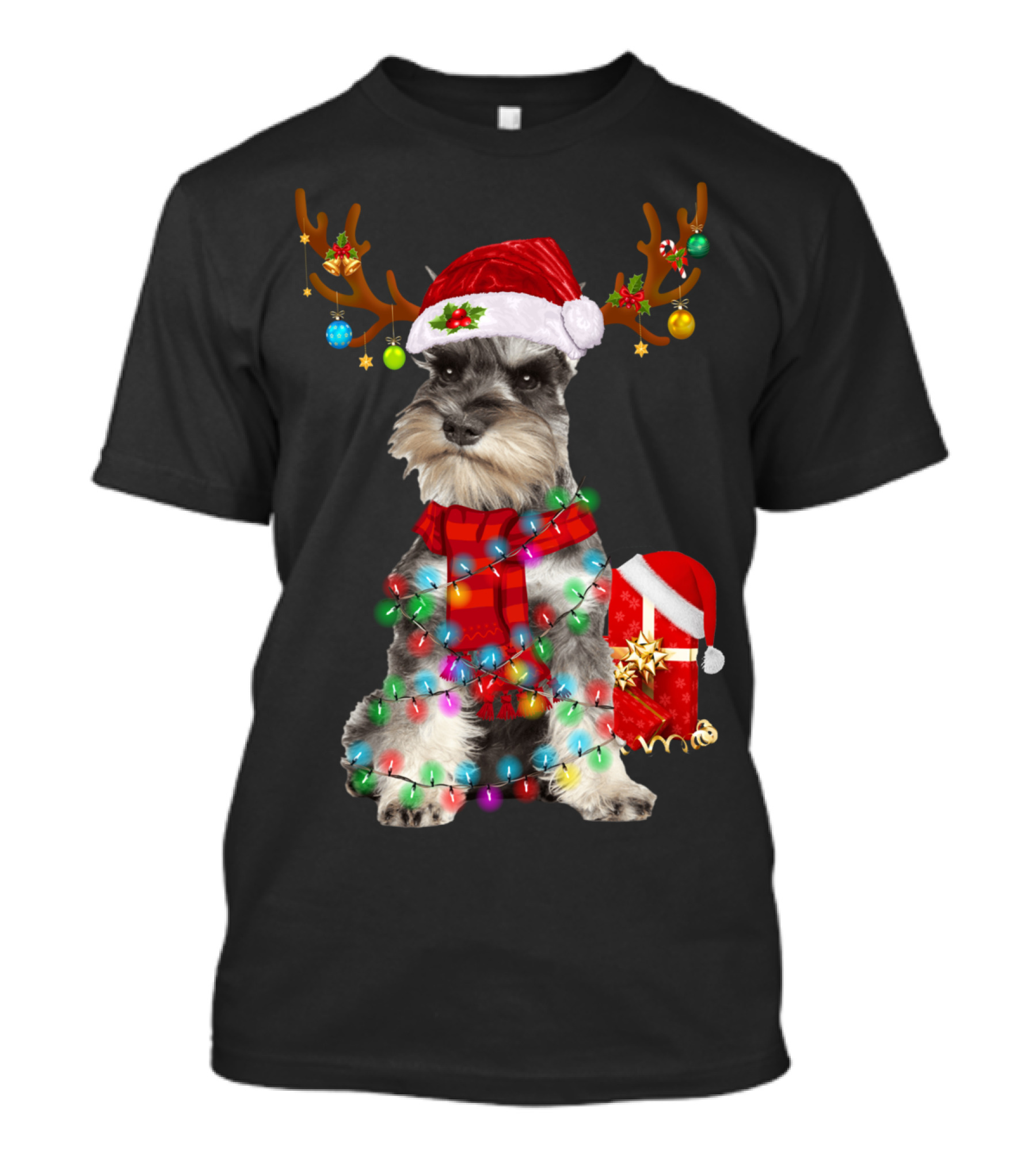 Funny Santa Hat Reindeer Miniature Schnauzer Christmas Lights T-Shirt