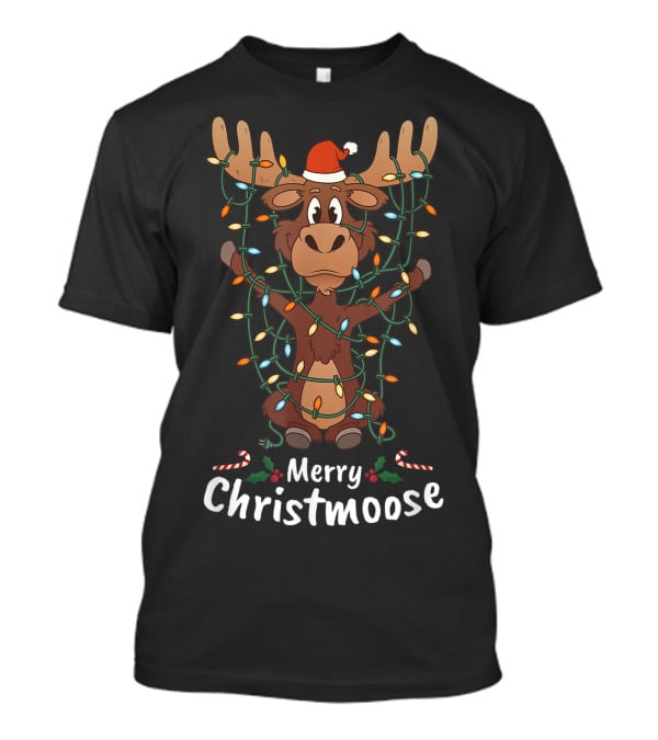 Merry Christmoose Christmas Moose Xmas Tree Lights Santa Hat T-Shirt