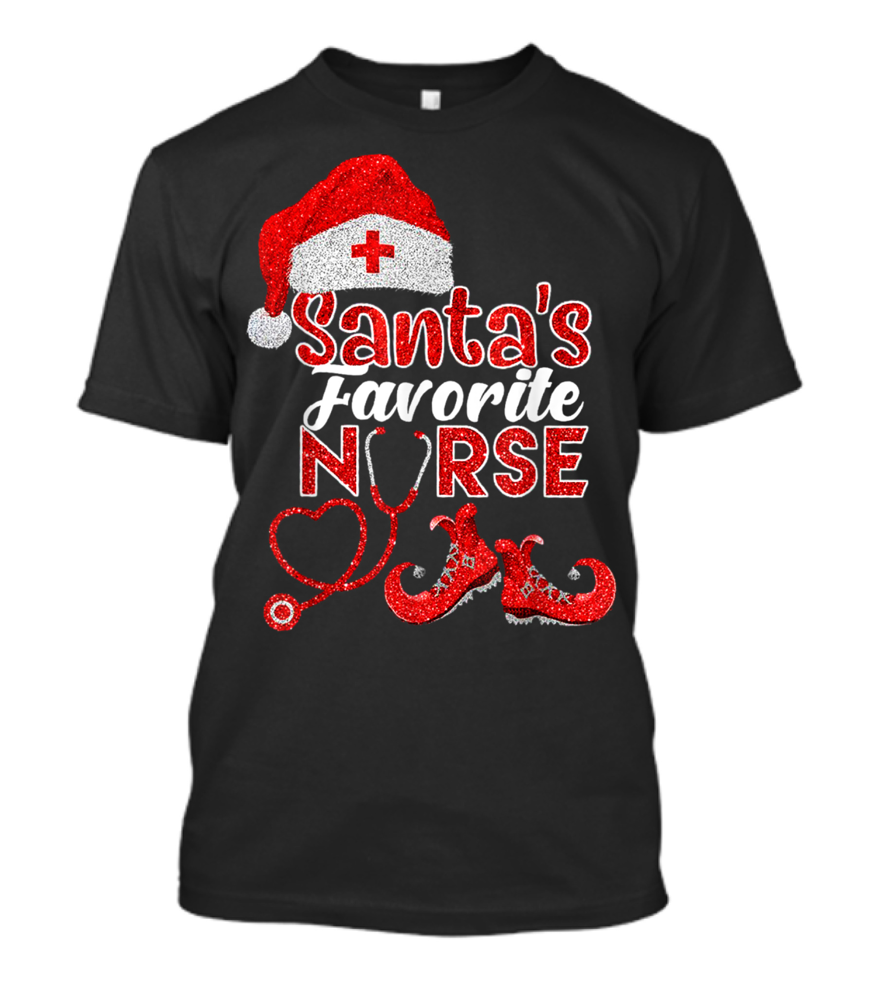 Santa's Favorite Nurse Heart Stethoscope Elf Shoes Merry Xmas Party T-Shirt