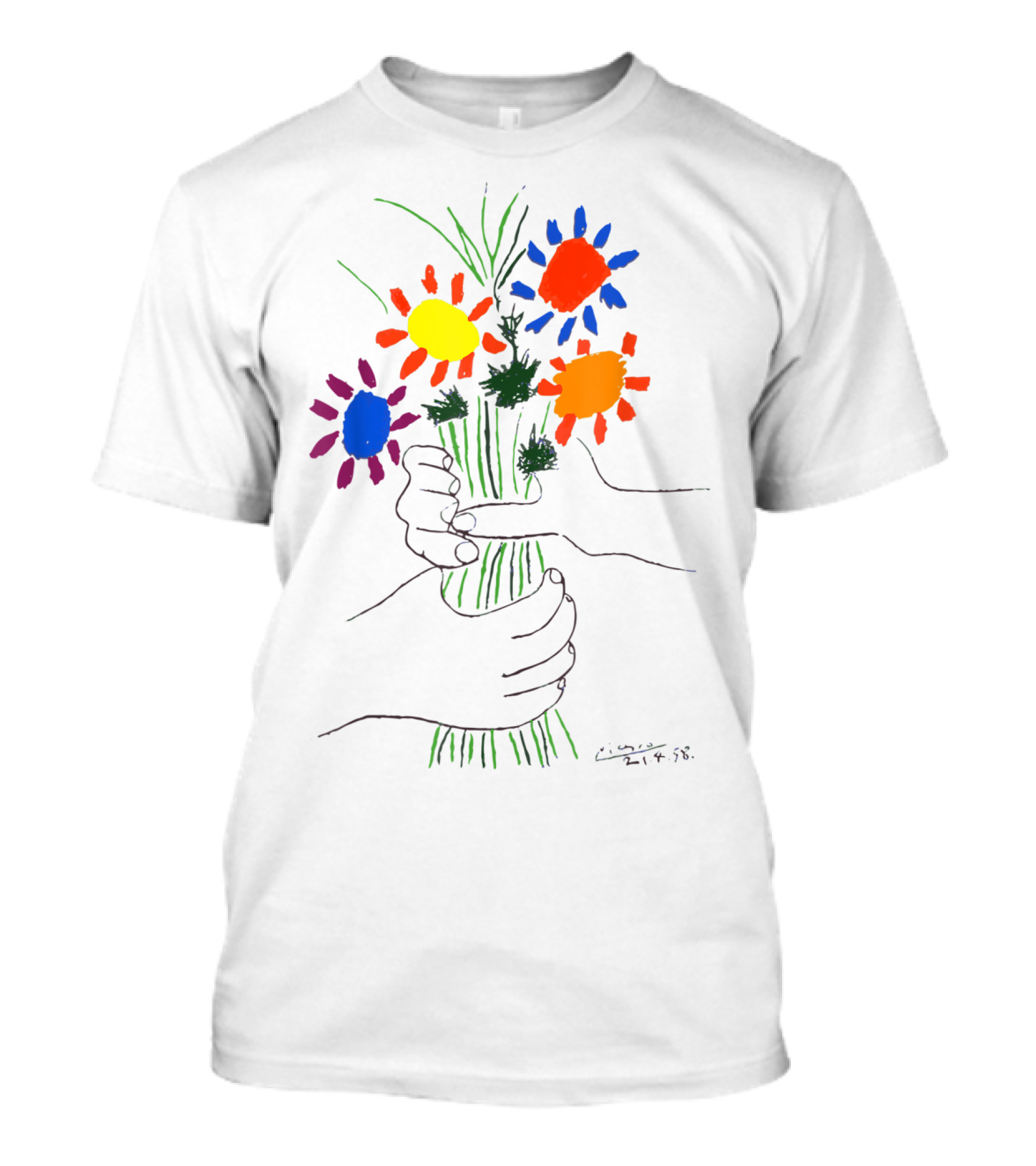 Pablo Picasso Colorful Bouquet With Hands Of Peace Signature 1958 T-Shirt
