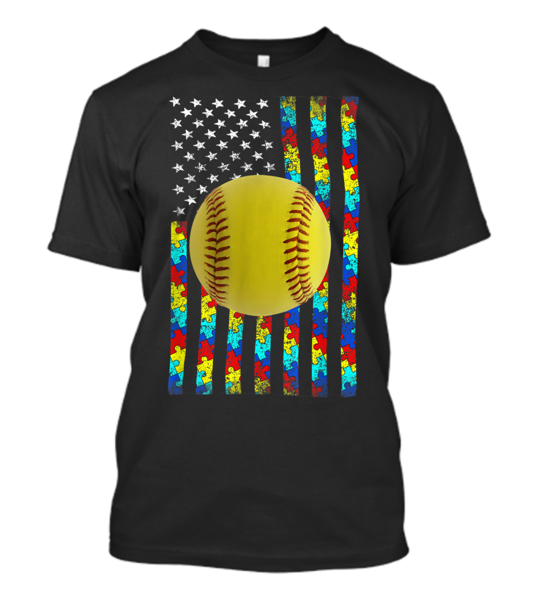 Autism Awareness American Flag Softball Puzzle Piece Stripes T-Shirt