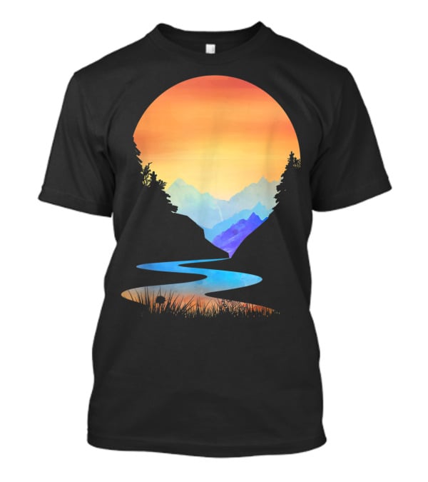 Outdoor Sunset Vintage Style Mountains Sun Nature River Landscape T-Shirt