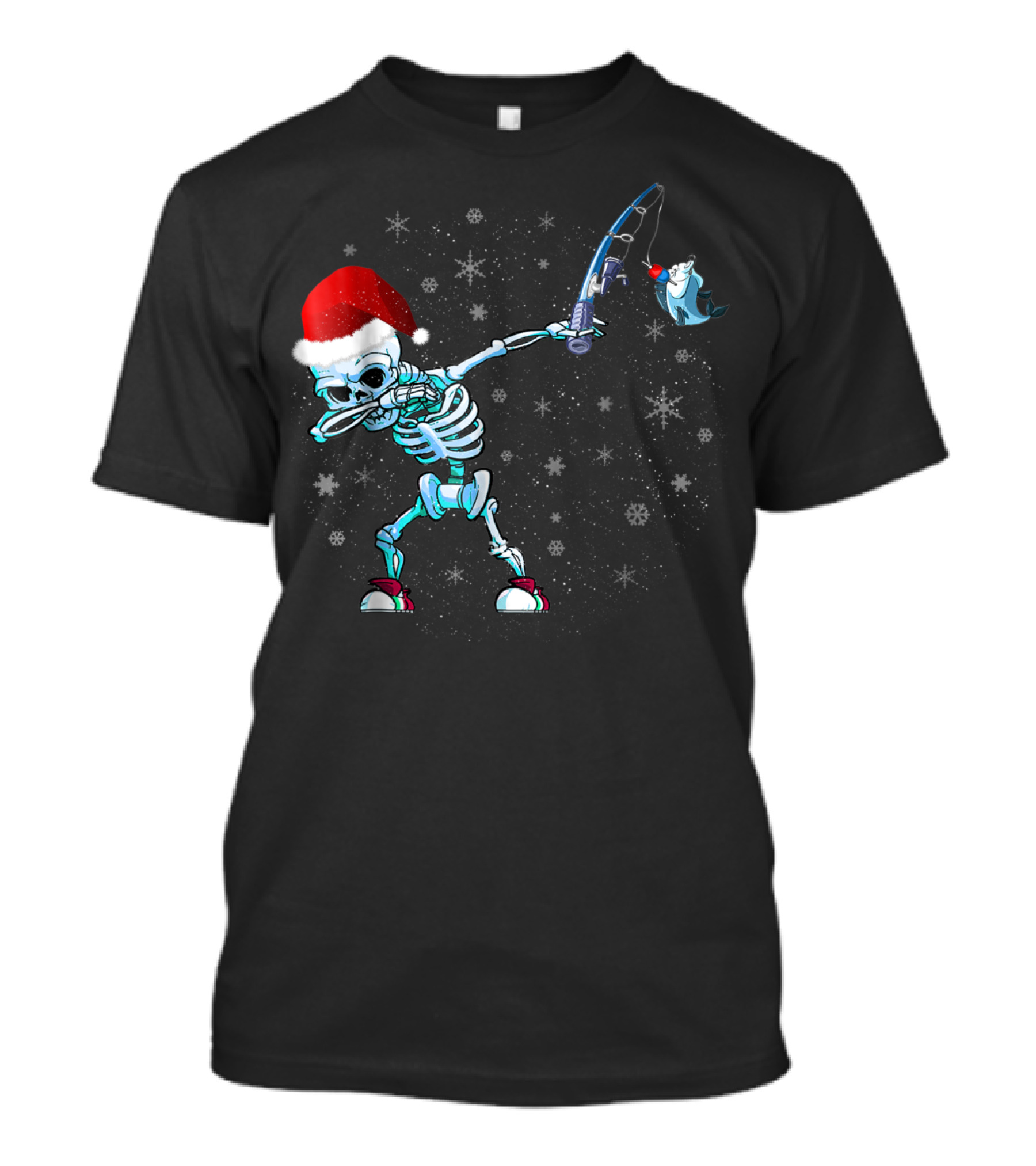 Santa Skeleton Dabbing With Fishing Rod And Shark T-Shirt