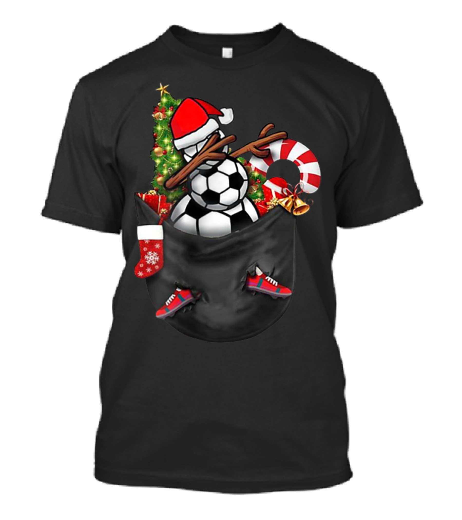 Dabbing Snowman Soccer Ball Christmas Tree Candy Cane Stocking Football Shoes In Your Pocket T-Shirt