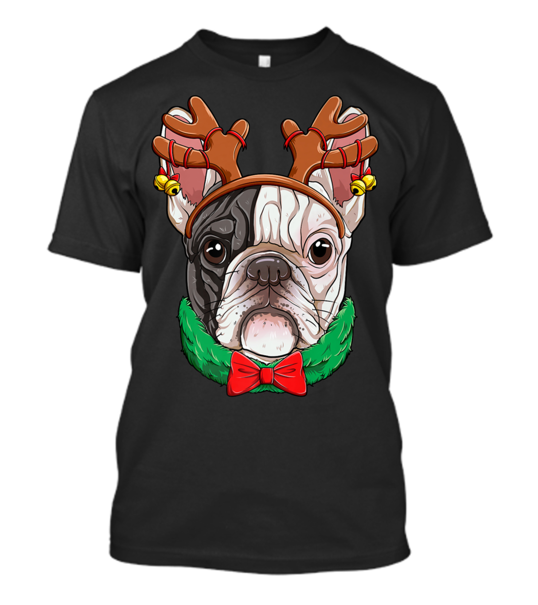 French Bulldog With Christmas Reindeer Antlers And Bow Tie T-Shirt
