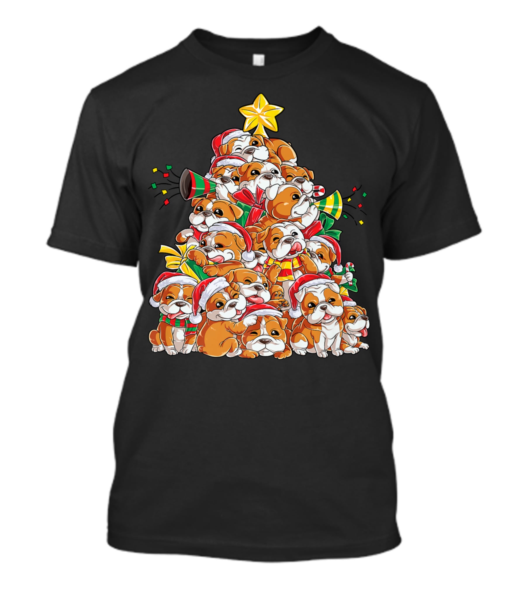 English Bulldog Xmas Tree Boys With Santa Hats And Christmas Cheer T-Shirt