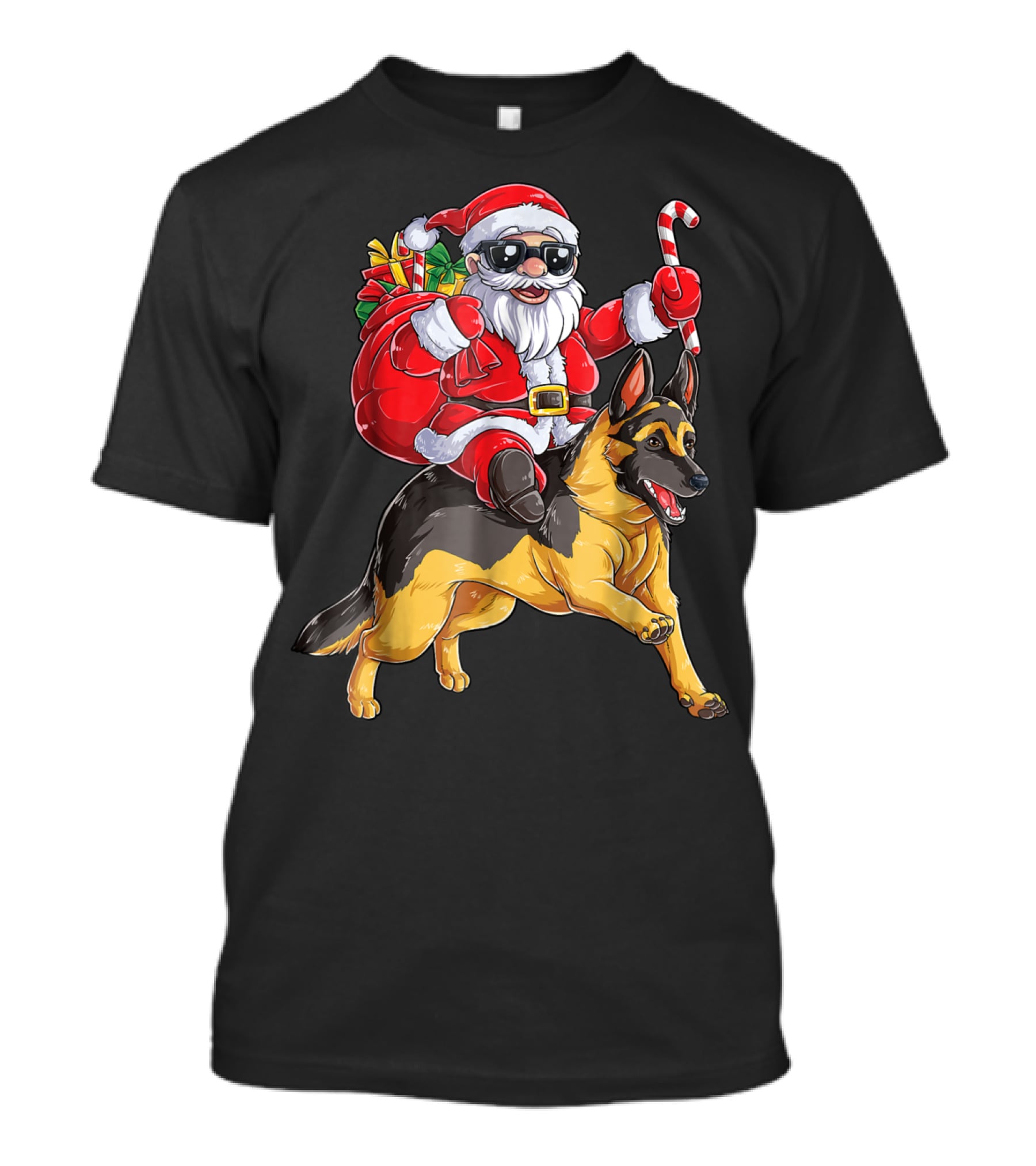 German Shepherd Christmas Santa Claus Riding With Candy Cane Woofmas T8 T-Shirt