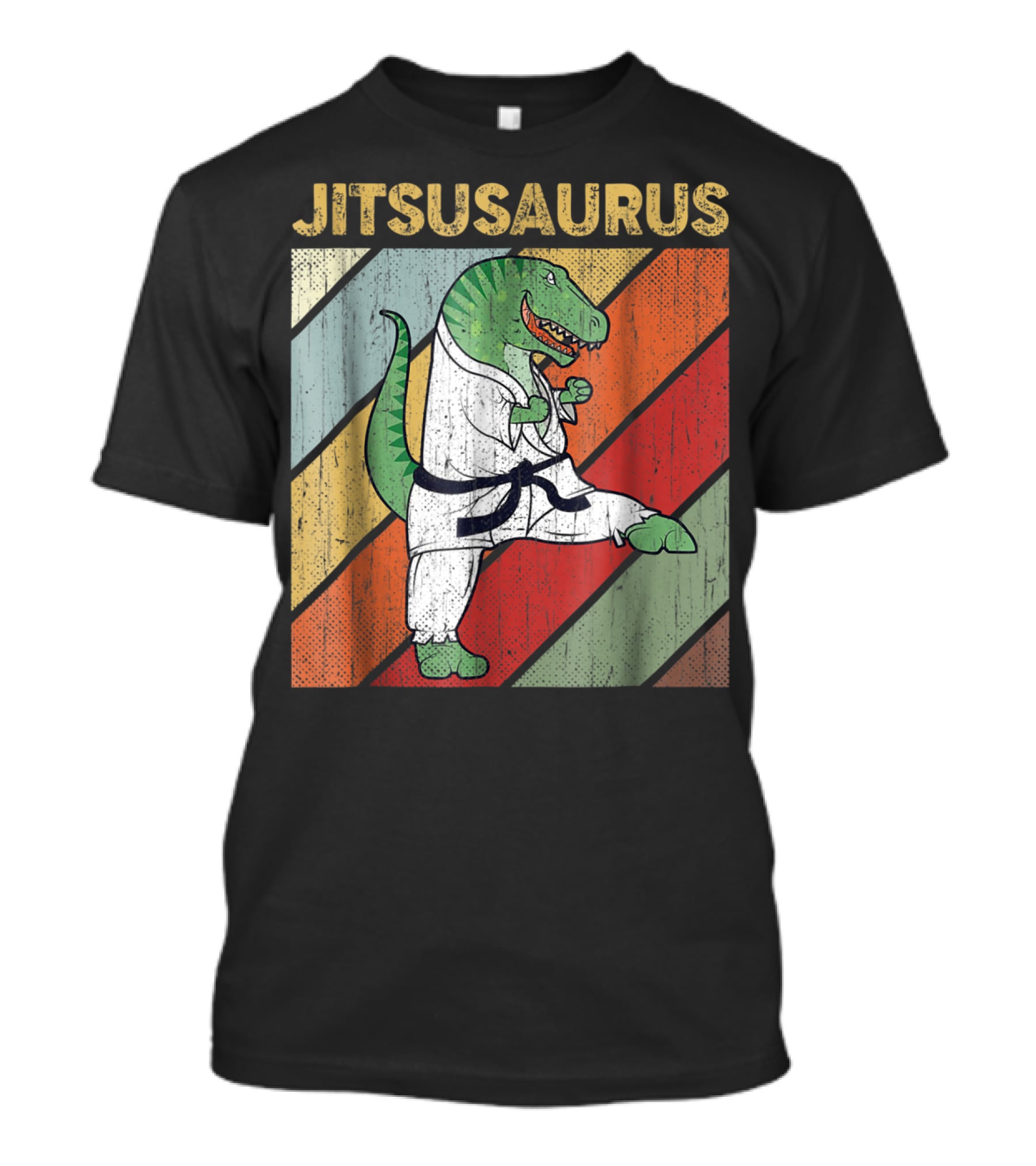 Jitsusaurus Dinosaur In Martial Arts Gi With Vintage Stripes T-Shirt