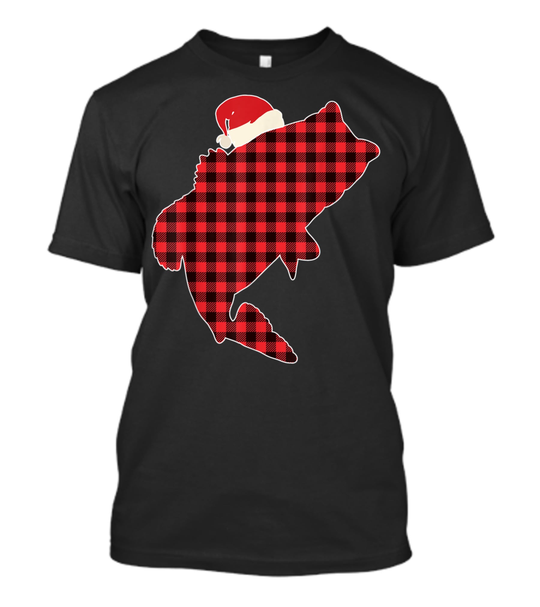 Christmas Fish Santa Hat Red Plaid Buffalo T-Shirt