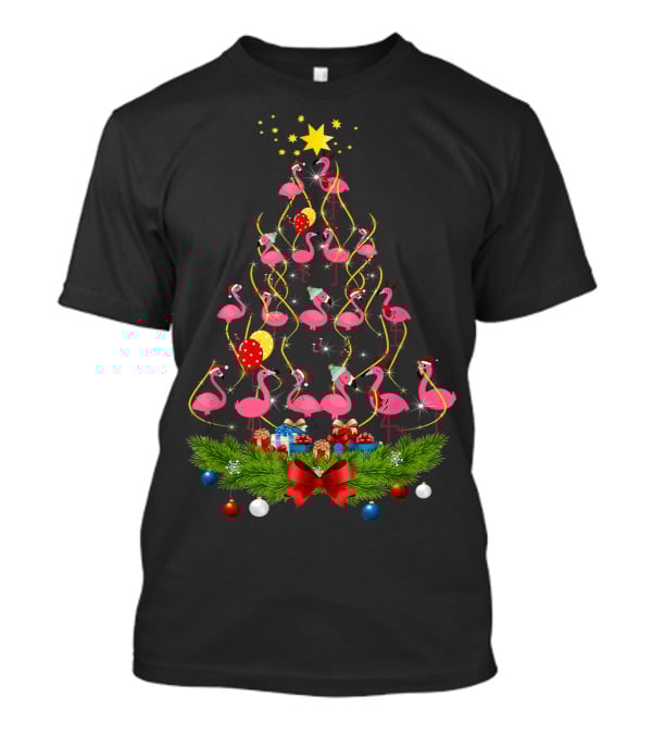 Pink Flamingo Christmas Tree With Santa Hats And Festive Decorations T-Shirt