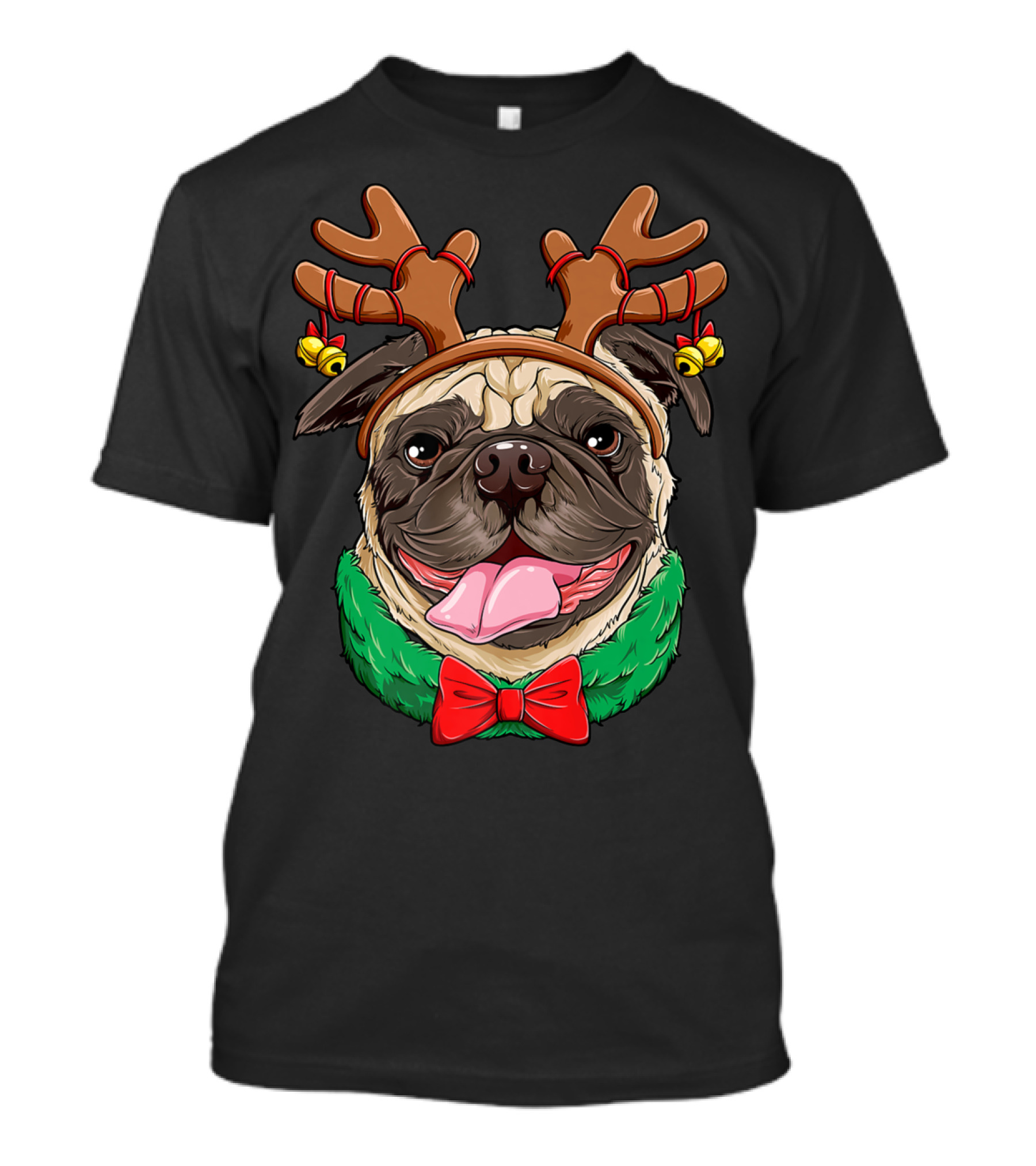 Pug Christmas Reindeer Antlers Dog Xmas Girls S6 Holiday Bow Wrapping Bells T-Shirt