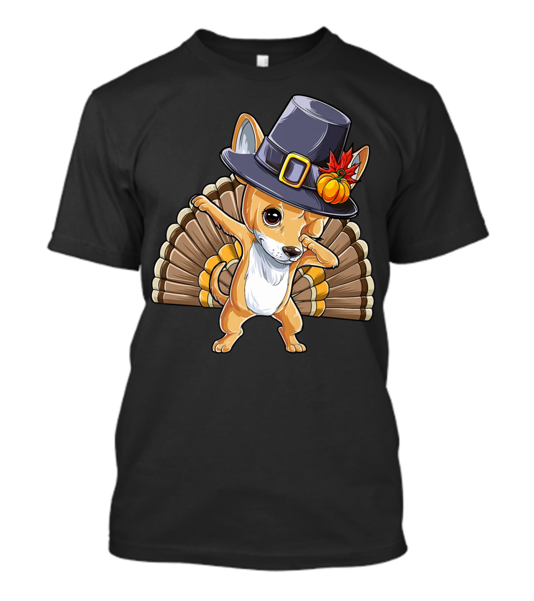 Thanksgiving Dabbing Chihuahua Pilgrim Hat Turkey Feathers T-Shirt