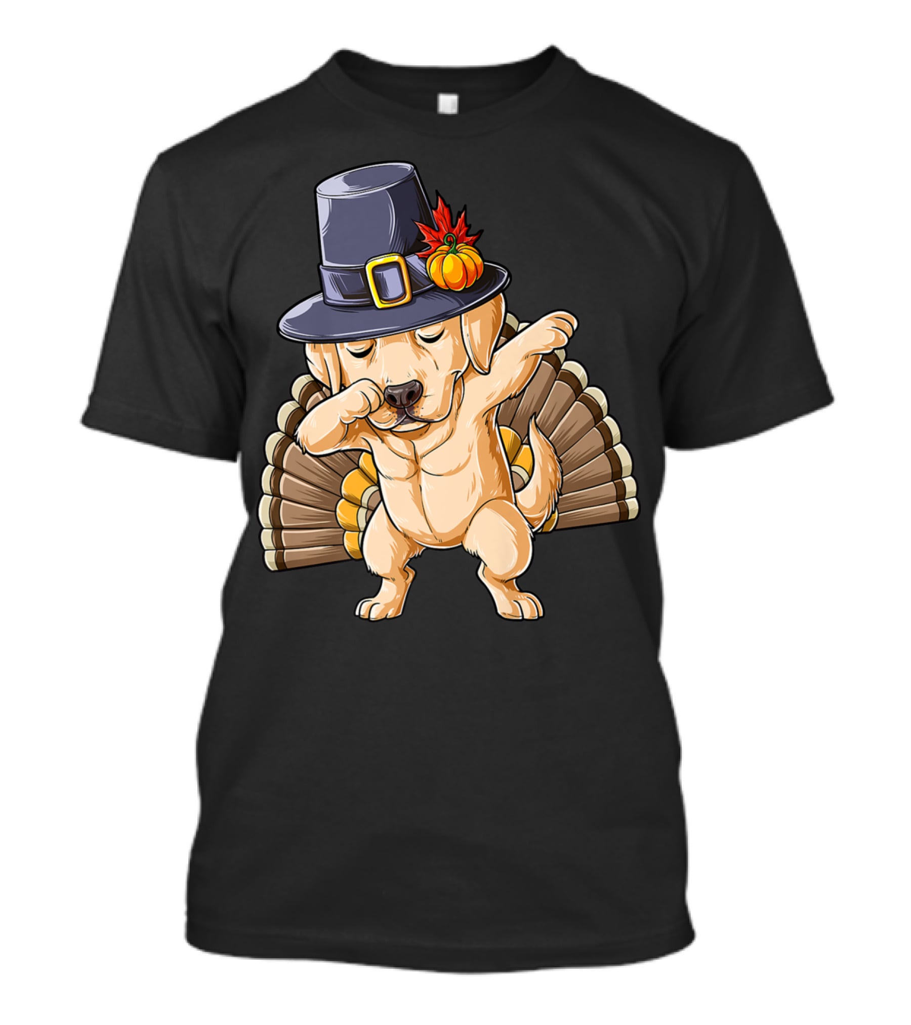 Thanksgiving Dabbing Labrador Wearing Pilgrim Hat With Turkey Tail T-Shirt