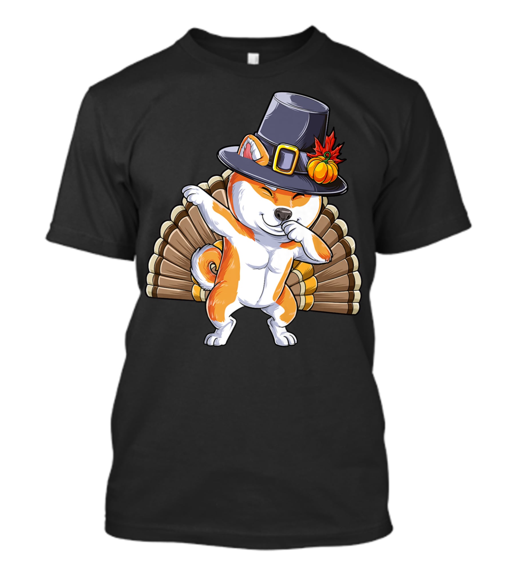 Thanksgiving Dabbing Shiba Inu Pilgrim Hat Turkey Background T-Shirt
