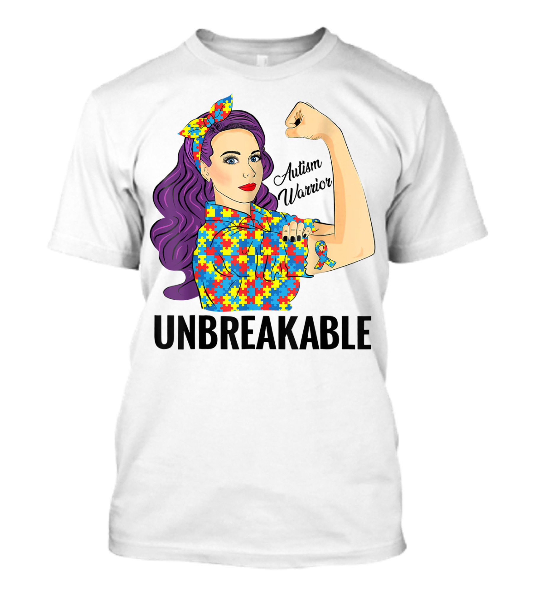 Autism Awareness Warrior Unbreakable Puzzle Ribbon Rosie The Riveter T-Shirt