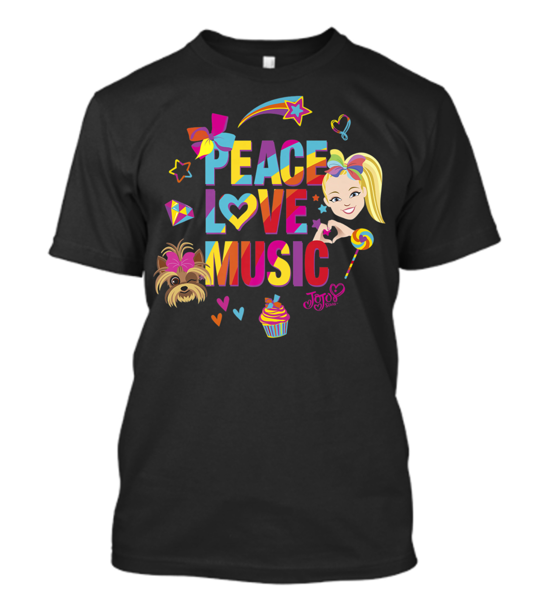 Jojo Siwa Peace Love Music Rainbow With Bow Stars Hearts Cupcake Puppy T-Shirt