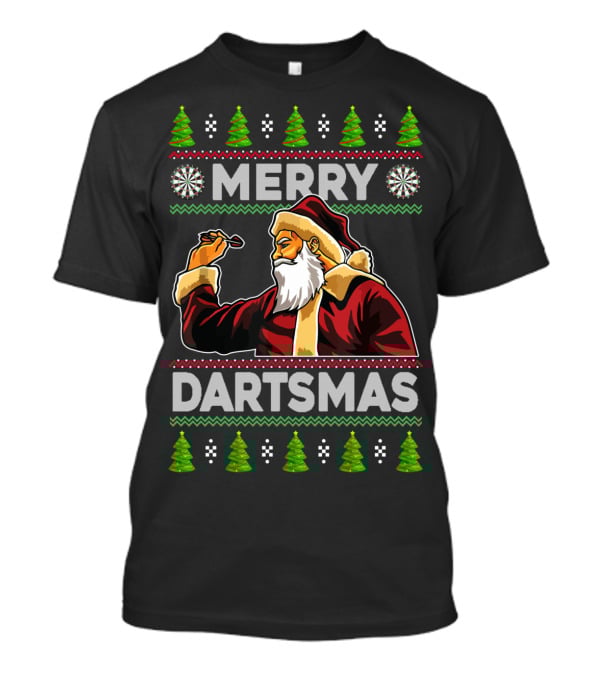 Merry Dartmas Santa Claus Playing Darts With Christmas Trees And Snowflakes T-Shirt