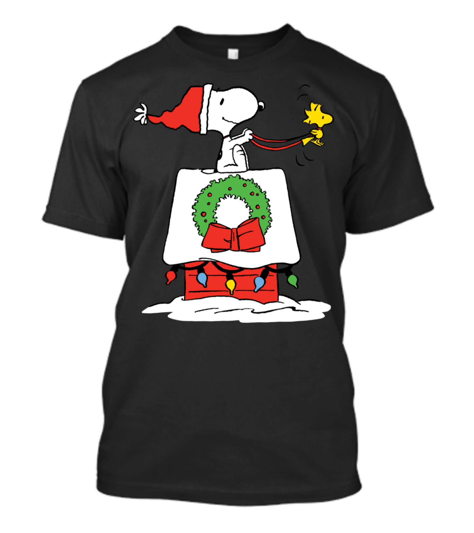 Peanuts Snoopy Santa Woodstock Christmas Wreath Doghouse Lights T-Shirt