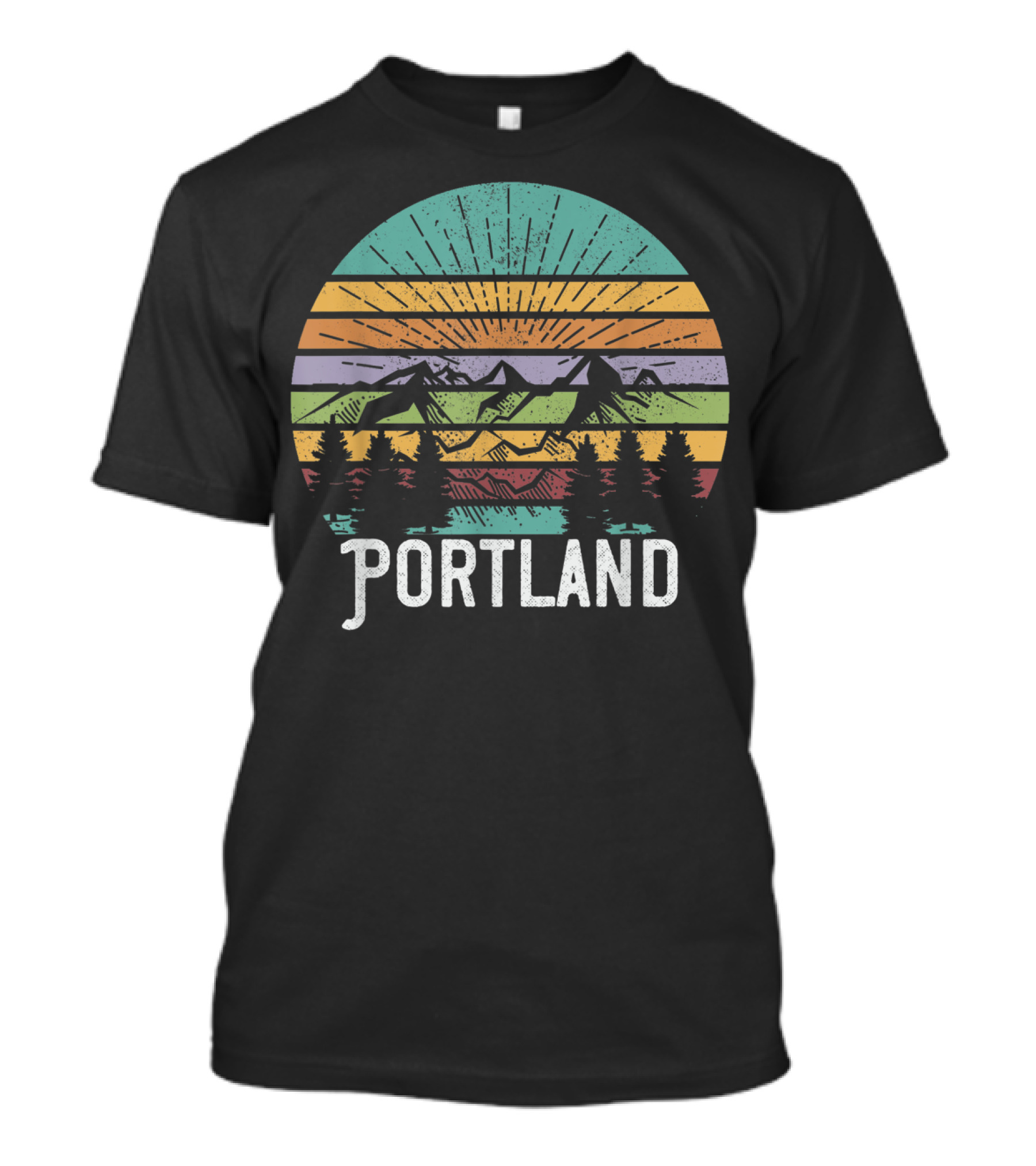 Portland Oregon Vintage Mountain Sunset 70's Forest Scene T-Shirt