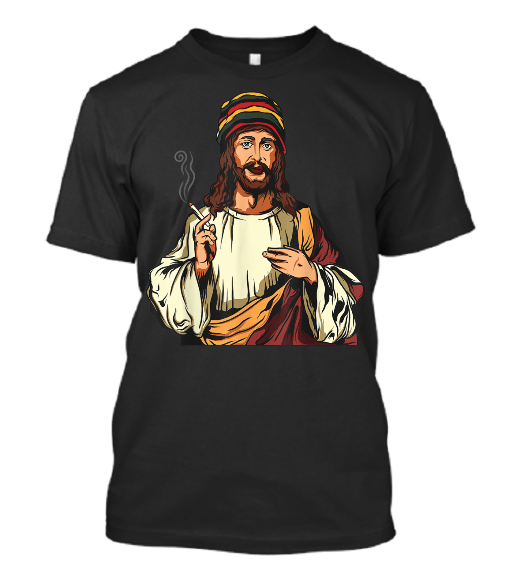 Pot Smoking Jesus Christ Cannabis Weed Rasta Hat Smoking Joint T-Shirt