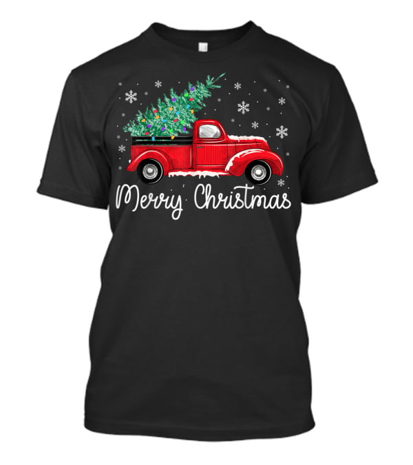Vintage Red Truck With Christmas Tree And Merry Christmas Snowflakes T-Shirt