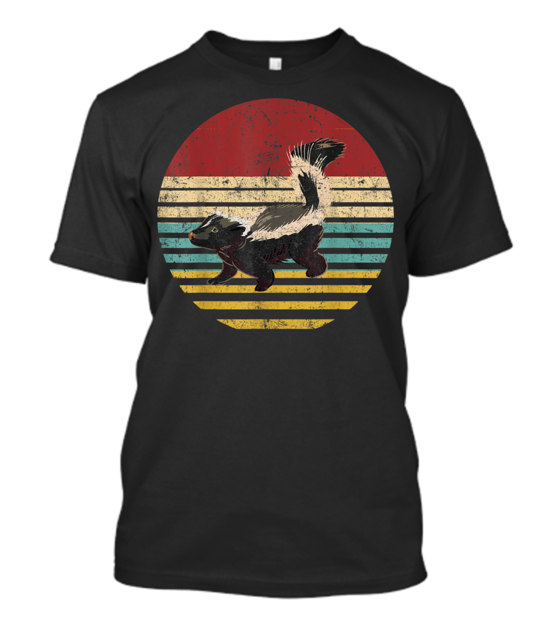 Retro Striped Sunset With Vintage Skunk Lovers T-Shirt
