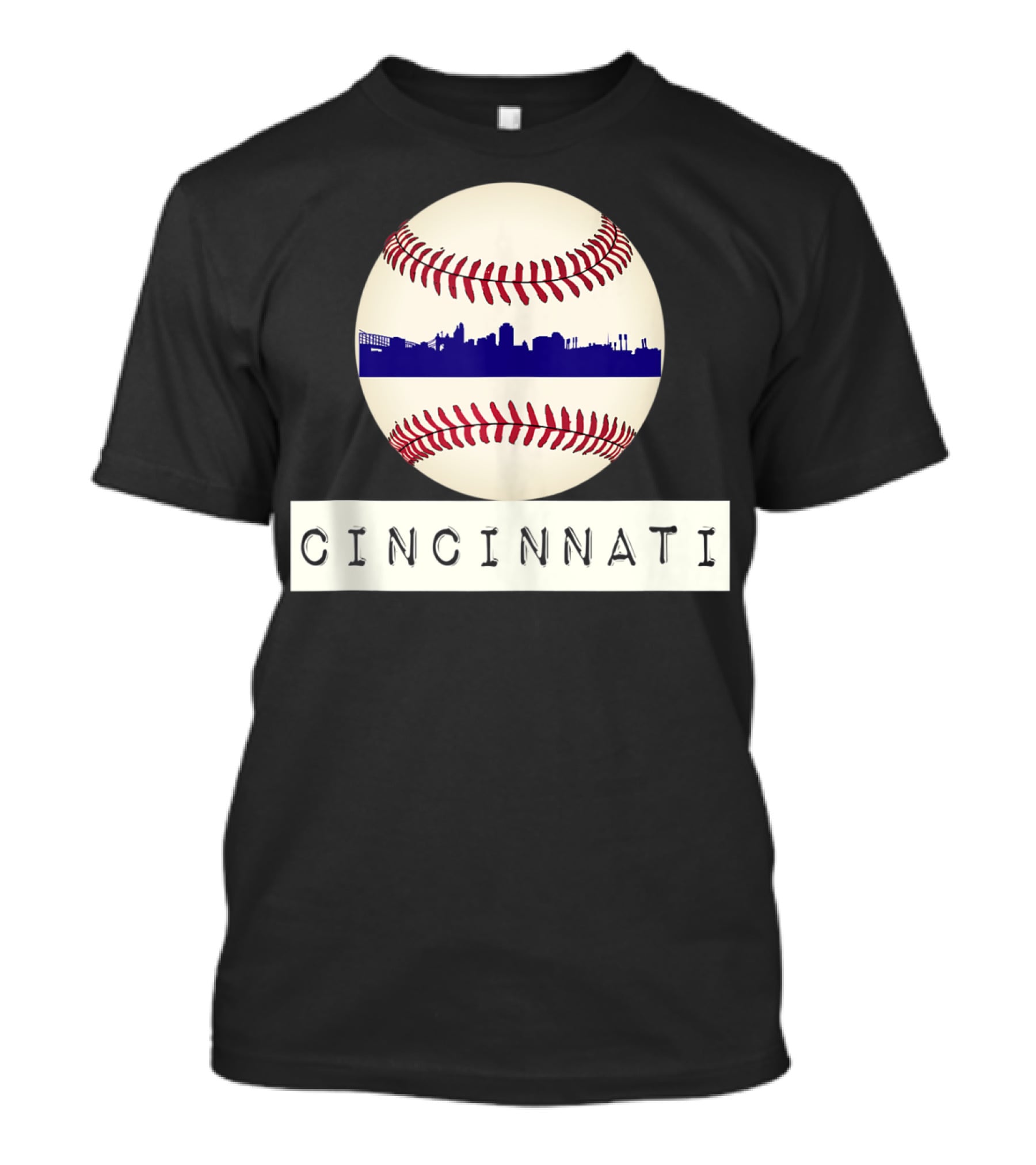 Cincinnati Skyline On Baseball With Red Stitches T-Shirt