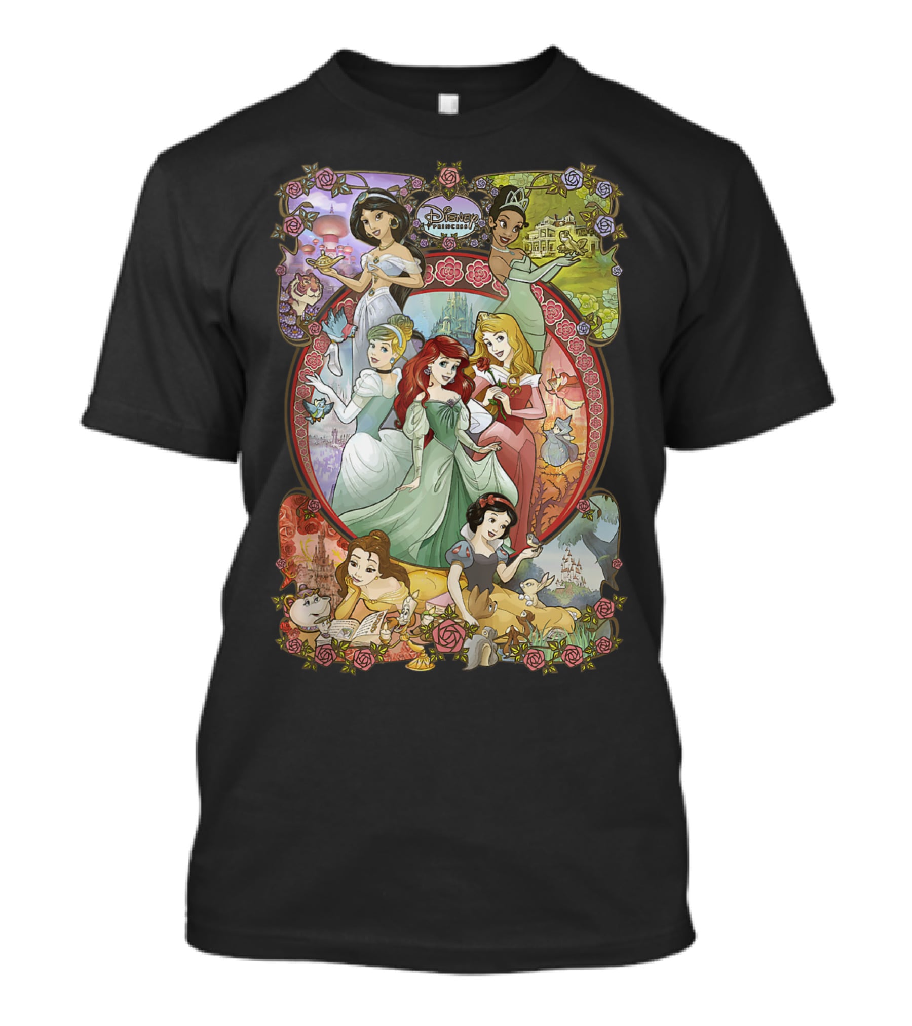 Disney Princess Classic Cartoon Group Collage Cinderella Ariel Belle Snow White Aurora T-Shirt