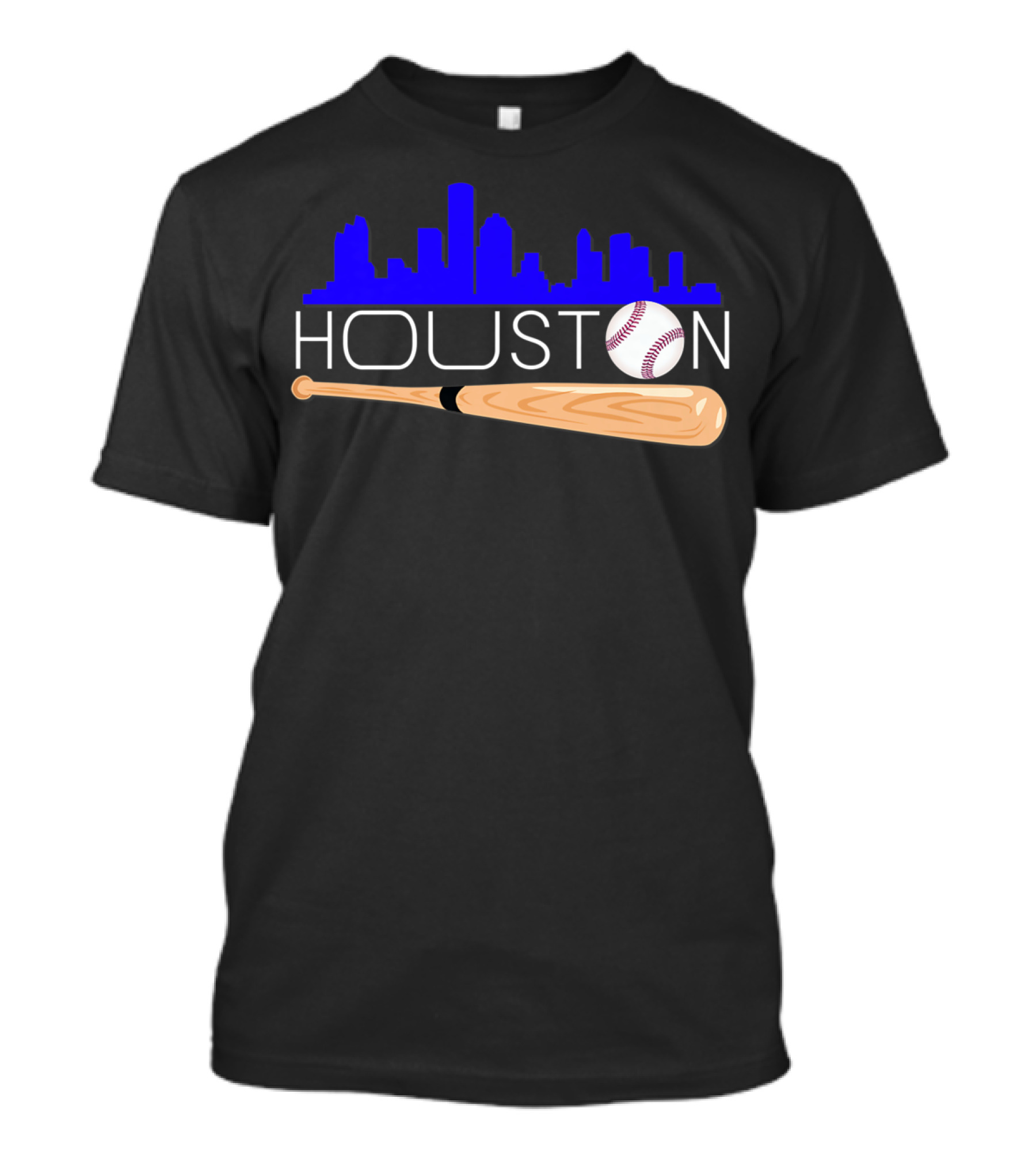 Houston Baseball Astro Font Skyline With Bat And Ball T-Shirt
