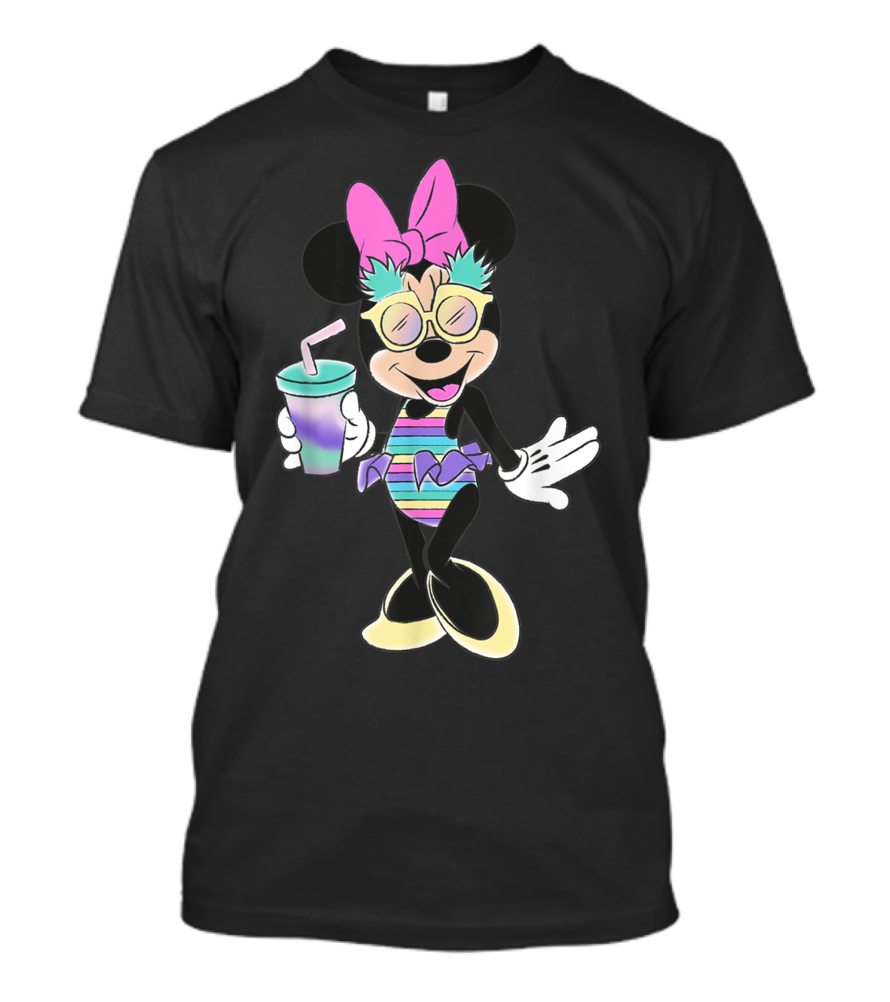 Disney Minnie Mouse Striped Swimsuit With Unicorn Colors And Pineapple Sunglasses T-Shirt
