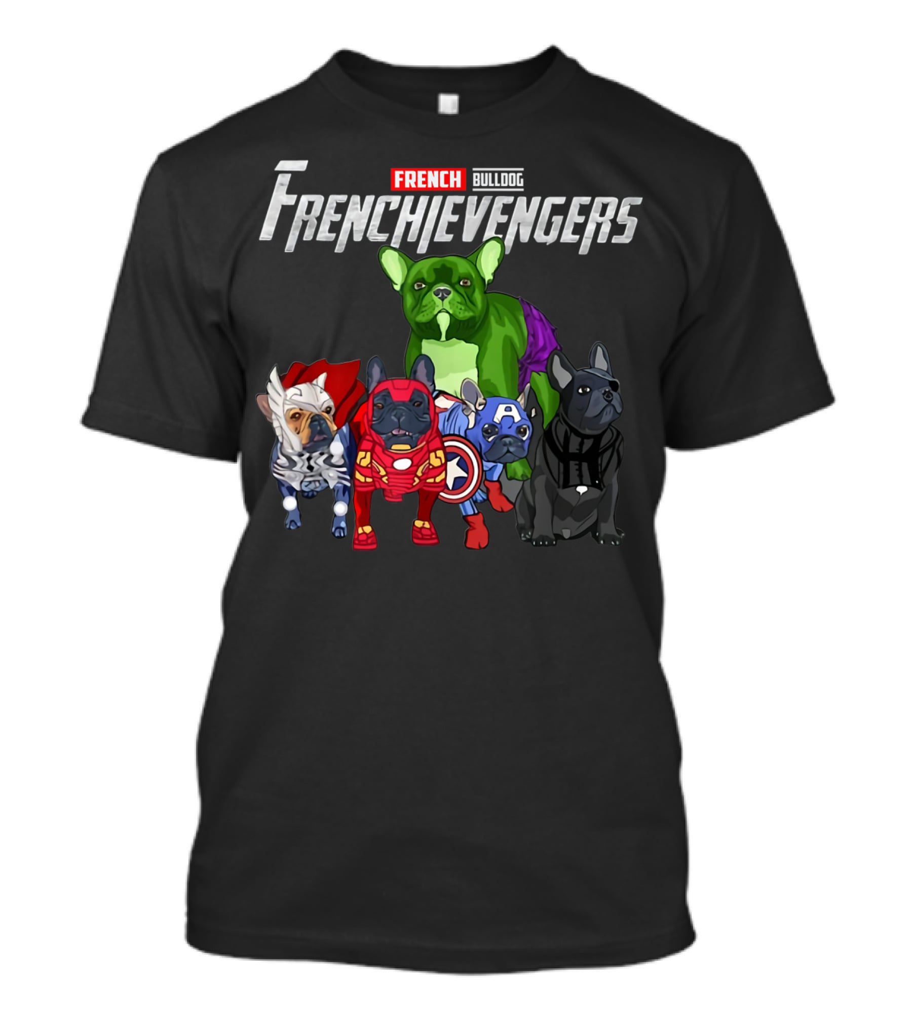 Frenchievengers French Bulldog Superhero Team Funny Dog T-Shirt