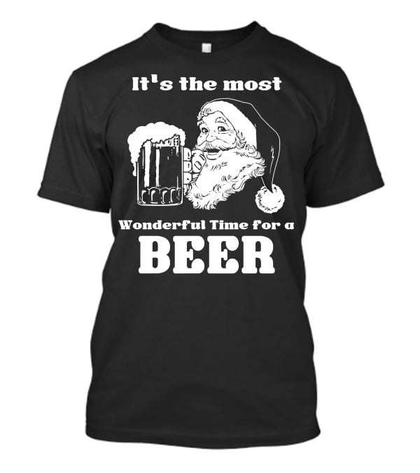 Christmas Santa It's The Most Wonderful Time For A Beer With Santa Hat And Mug Of Beer T-Shirt