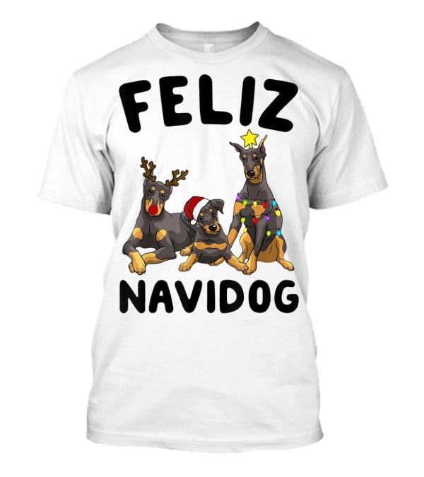 Feliz Navidog Doberman Pinscher With Reindeer Antlers Santa Hat And Christmas Lights T-Shirt