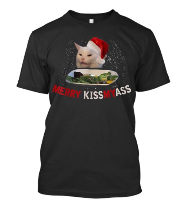 Merry Kissmyass Smudge Cat Funny Xmas Family Santa Hat T-Shirt