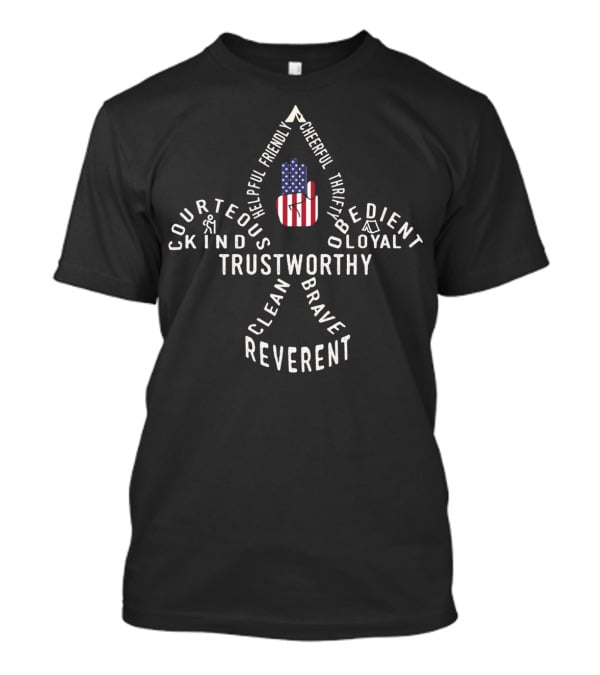 Us American Flag Scout Law Trustworthy Loyal Helpful Friendly Courteous Kind Obedient Cheerful Thrifty Brave Clean Reverent T-Shirt