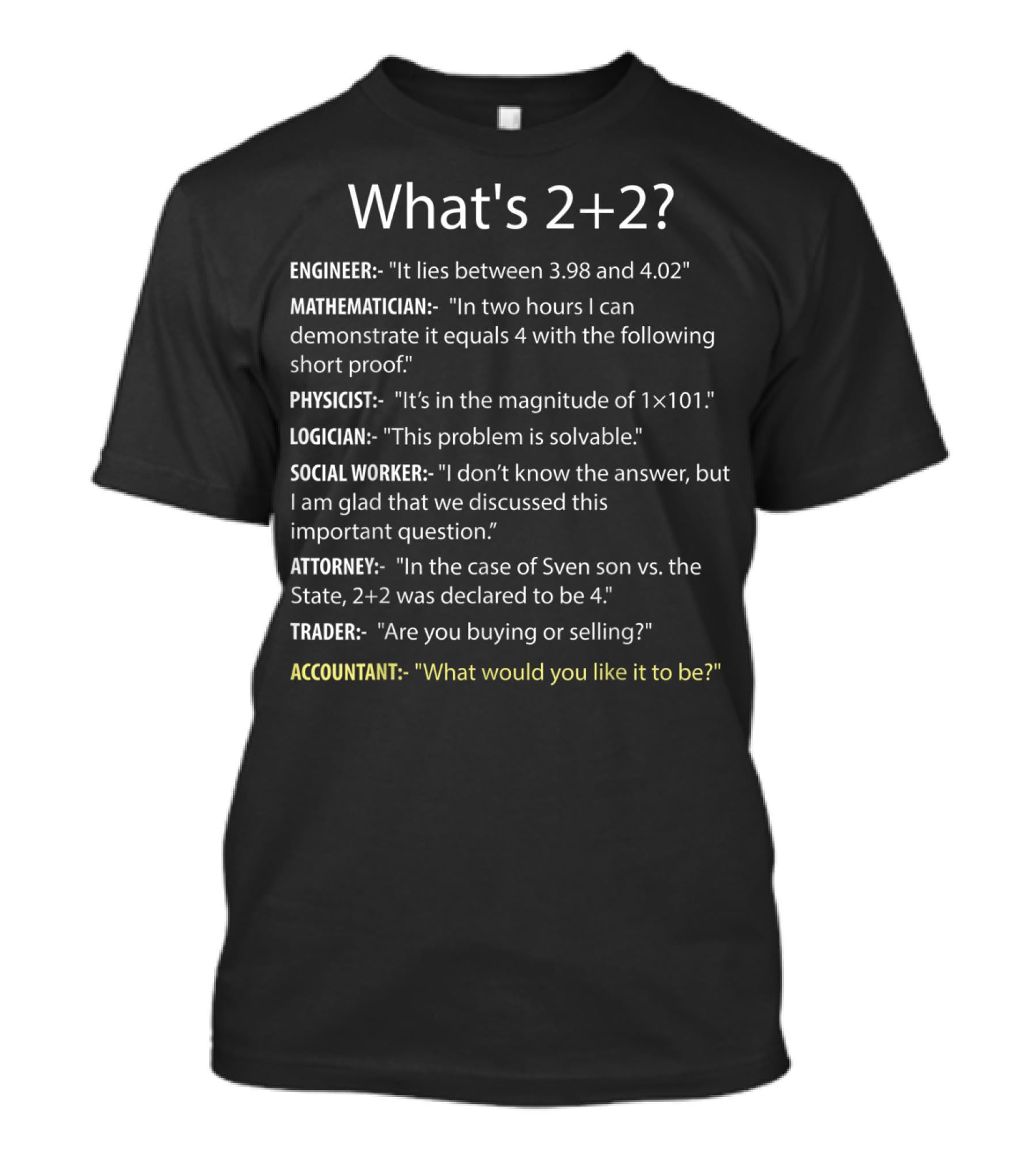 What's 2+2 Engineer Mathematician Physicist Logician Social Worker Attorney Trader Accountant T-Shirt