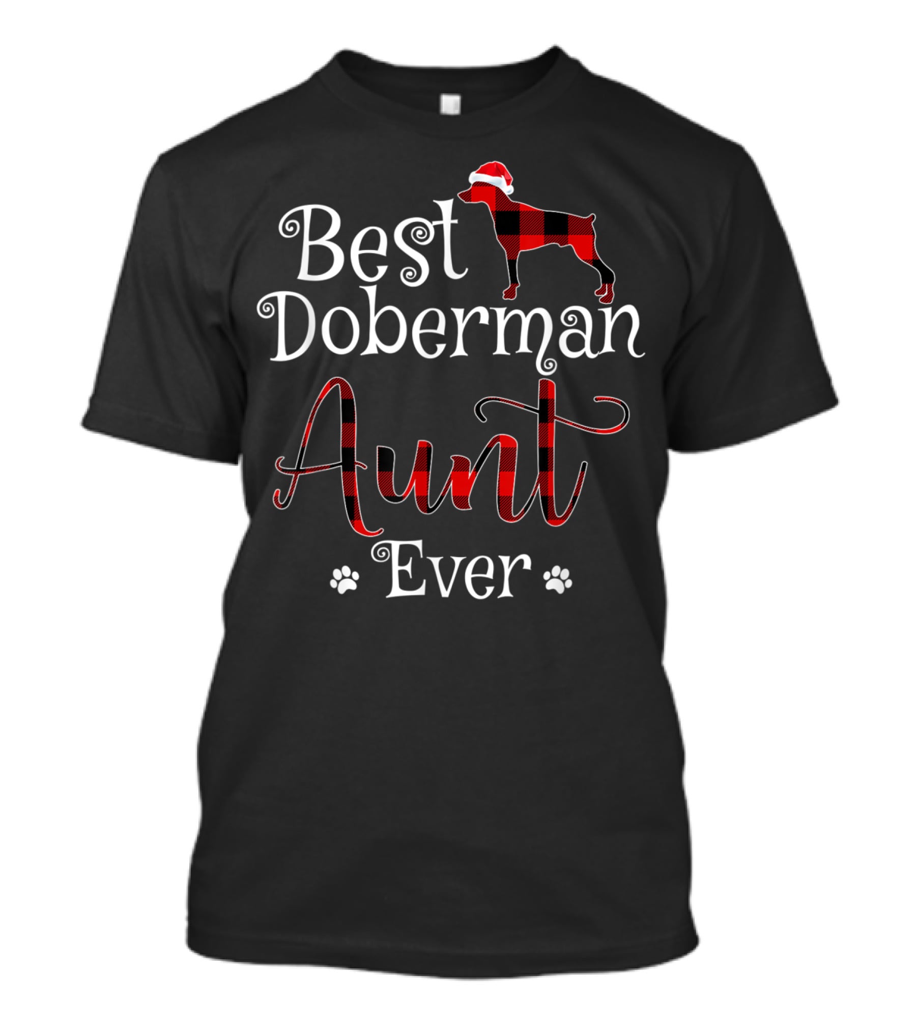 Best Doberman Aunt Ever Plaid Santa Hat Paw Prints T-Shirt