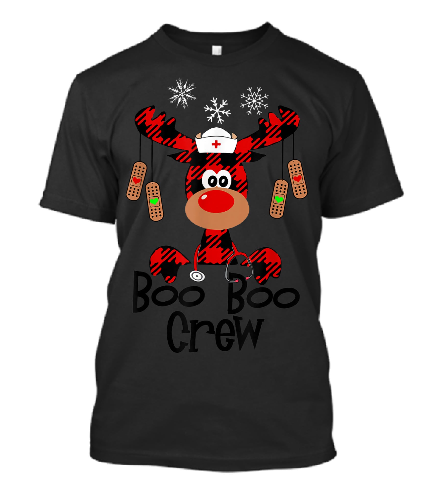 Boo Boo Crew Reindeer Nurse Christmas Buffalo Plaid Bandages Snowflakes T-Shirt