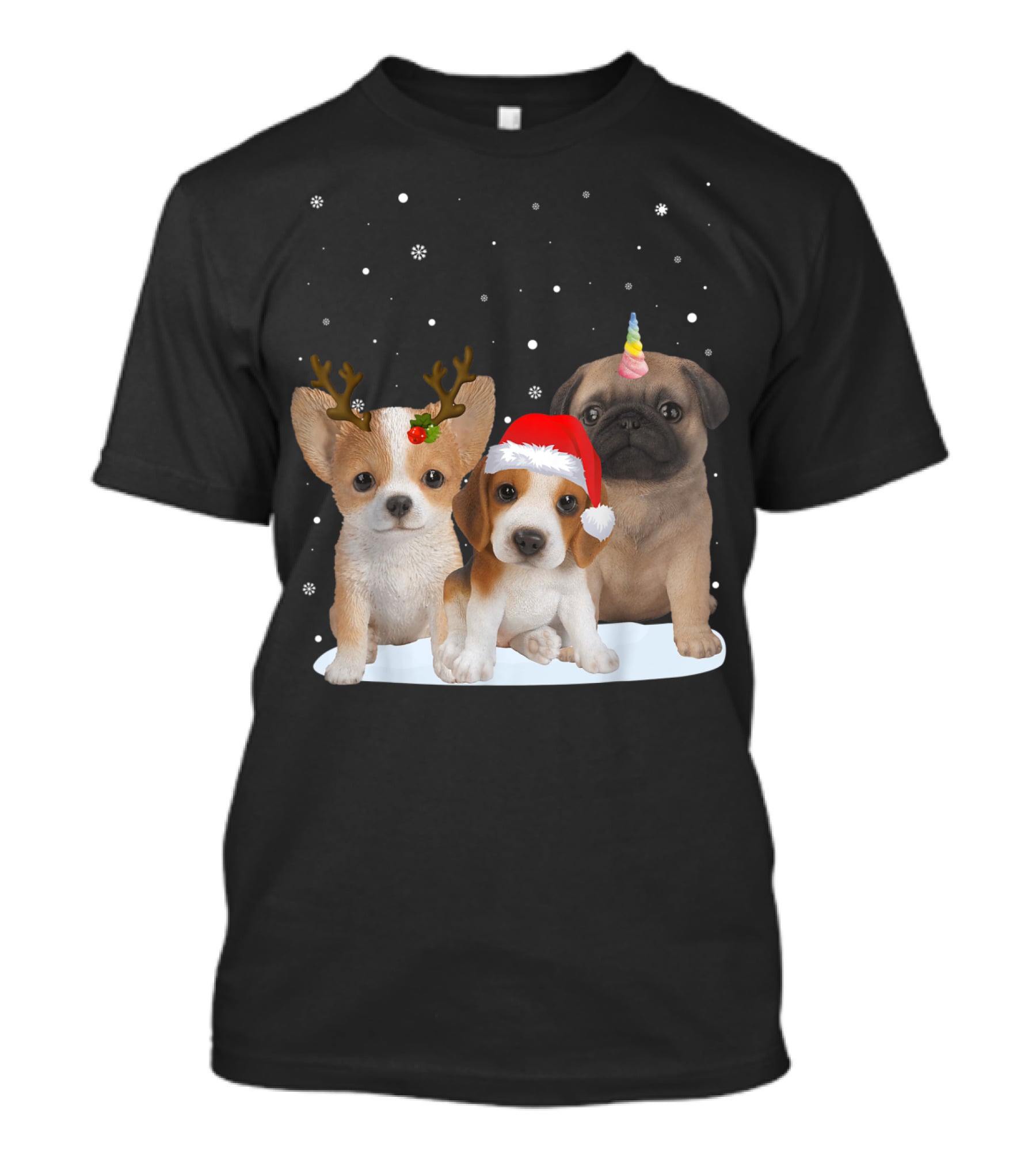Cute Dogs Reindeer Horns Santa Hat Unicorn Snowflakes T-Shirt
