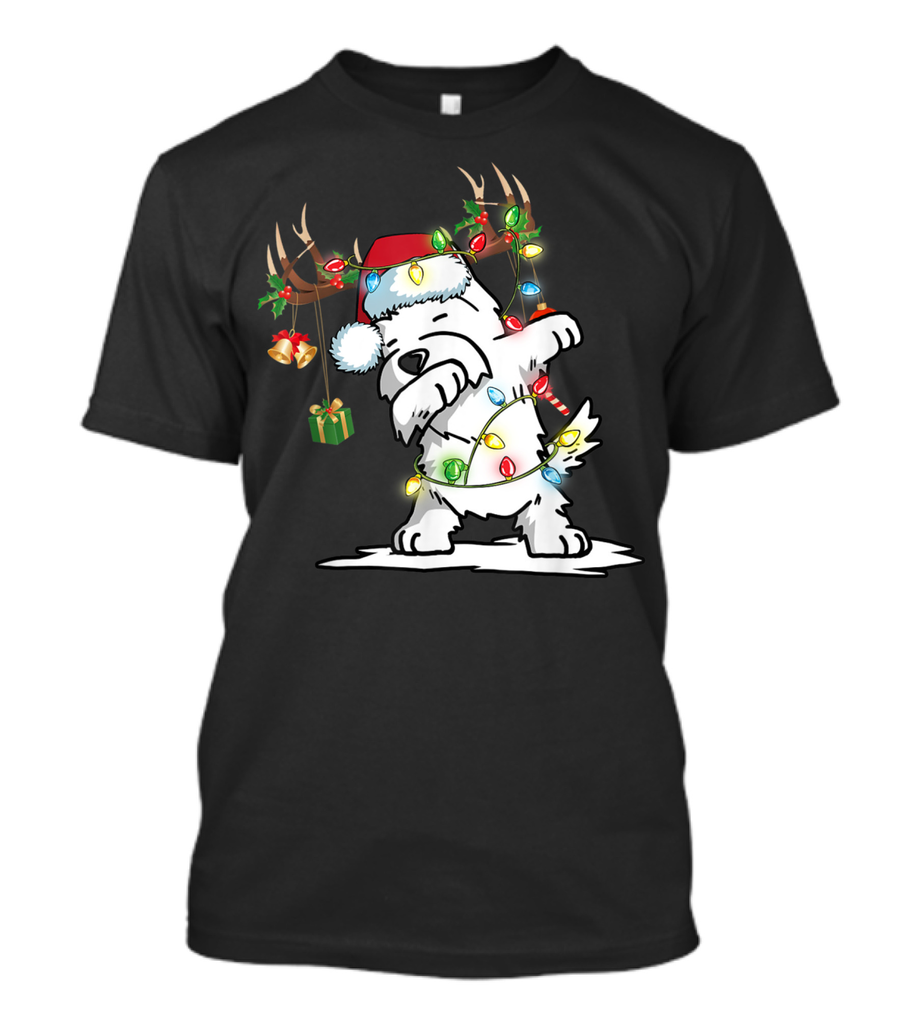 Dabbing Westie Dog Reindeer Lights Santa Hat Christmas Gifts T-Shirt
