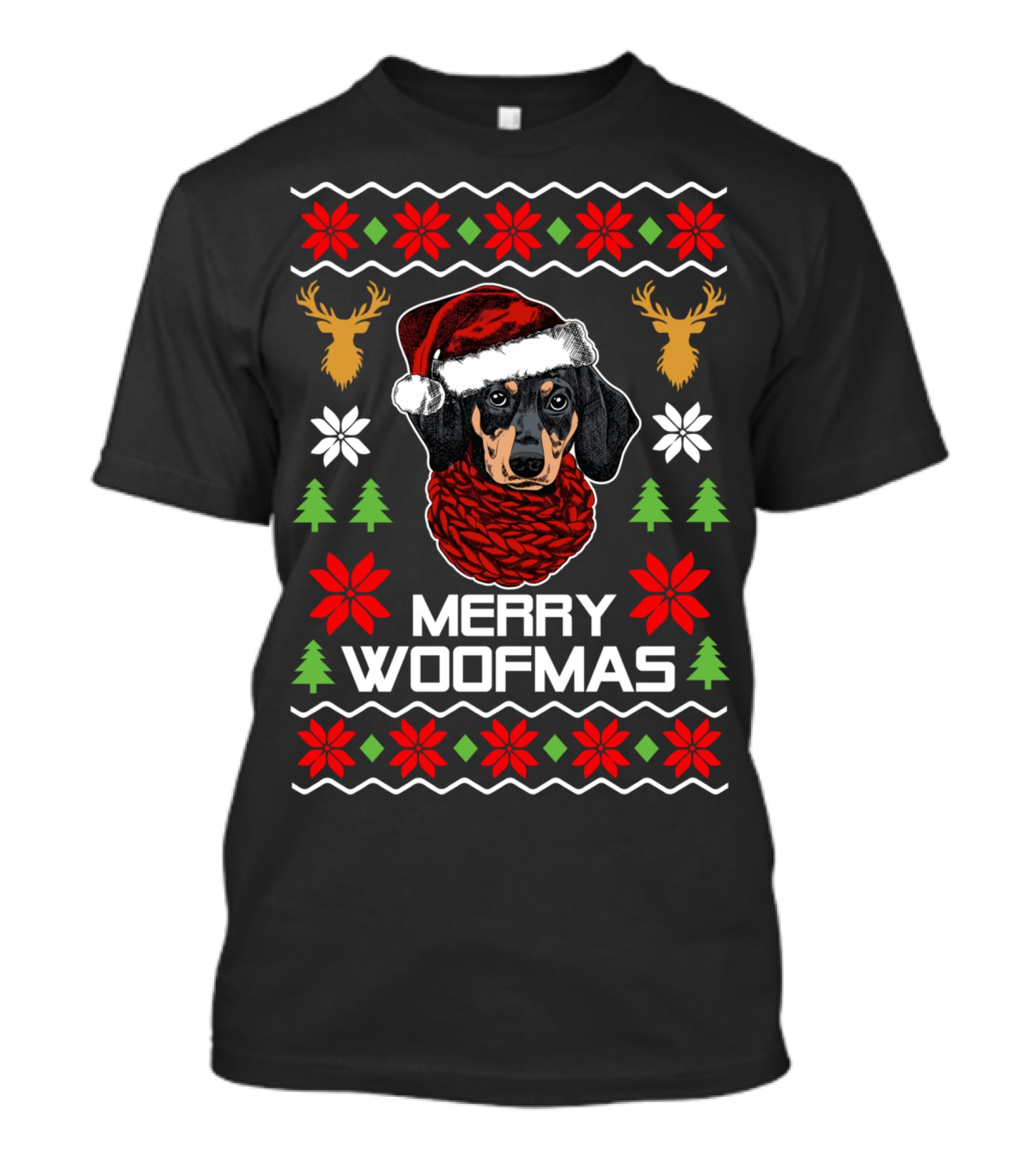 Merry Woofmas Dachshund Santa Hat Christmas Reindeer Snowflakes Trees T-Shirt