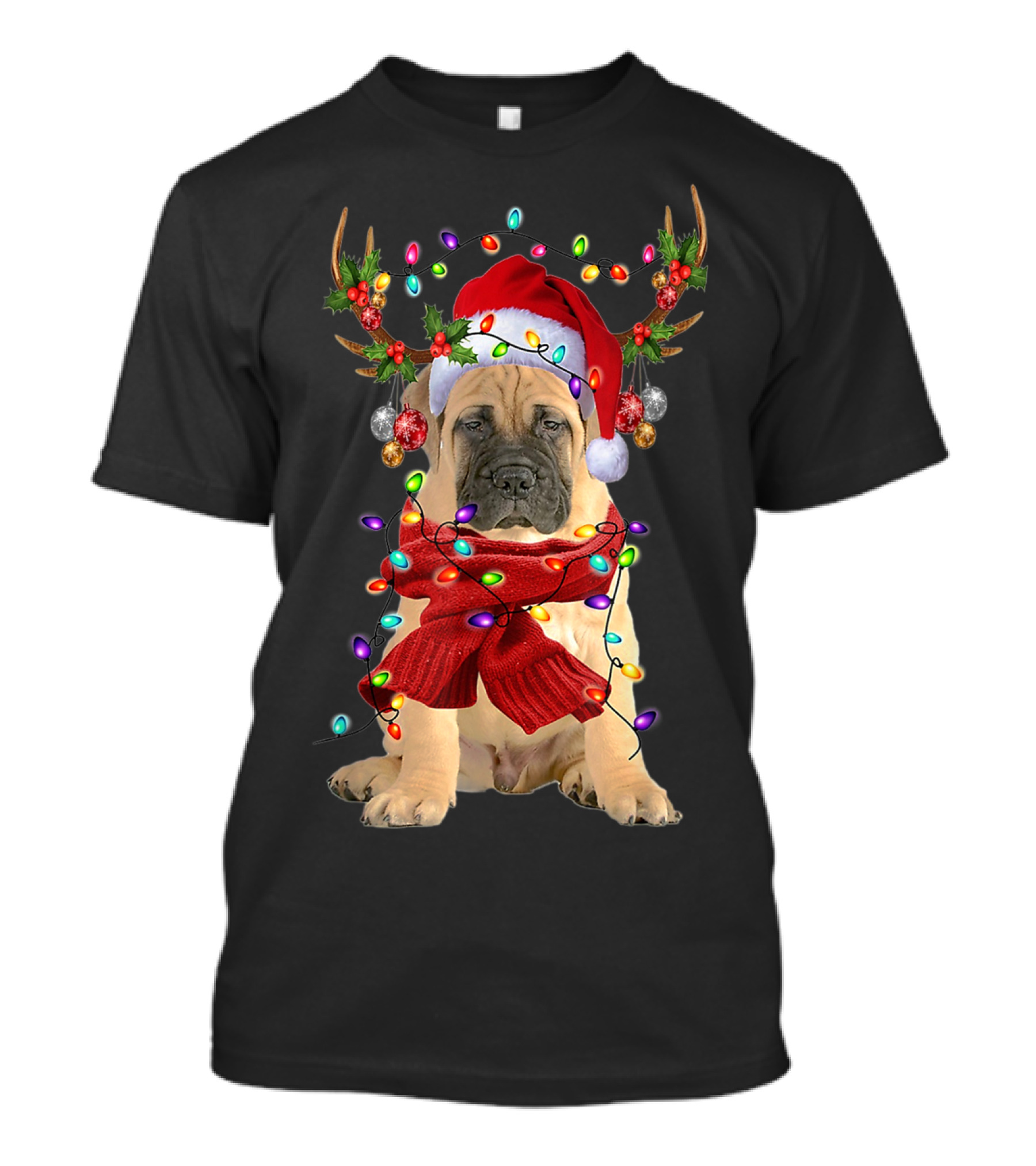 Festive Bull Mastiff Reindeer Lights Christmas Dog T-Shirt