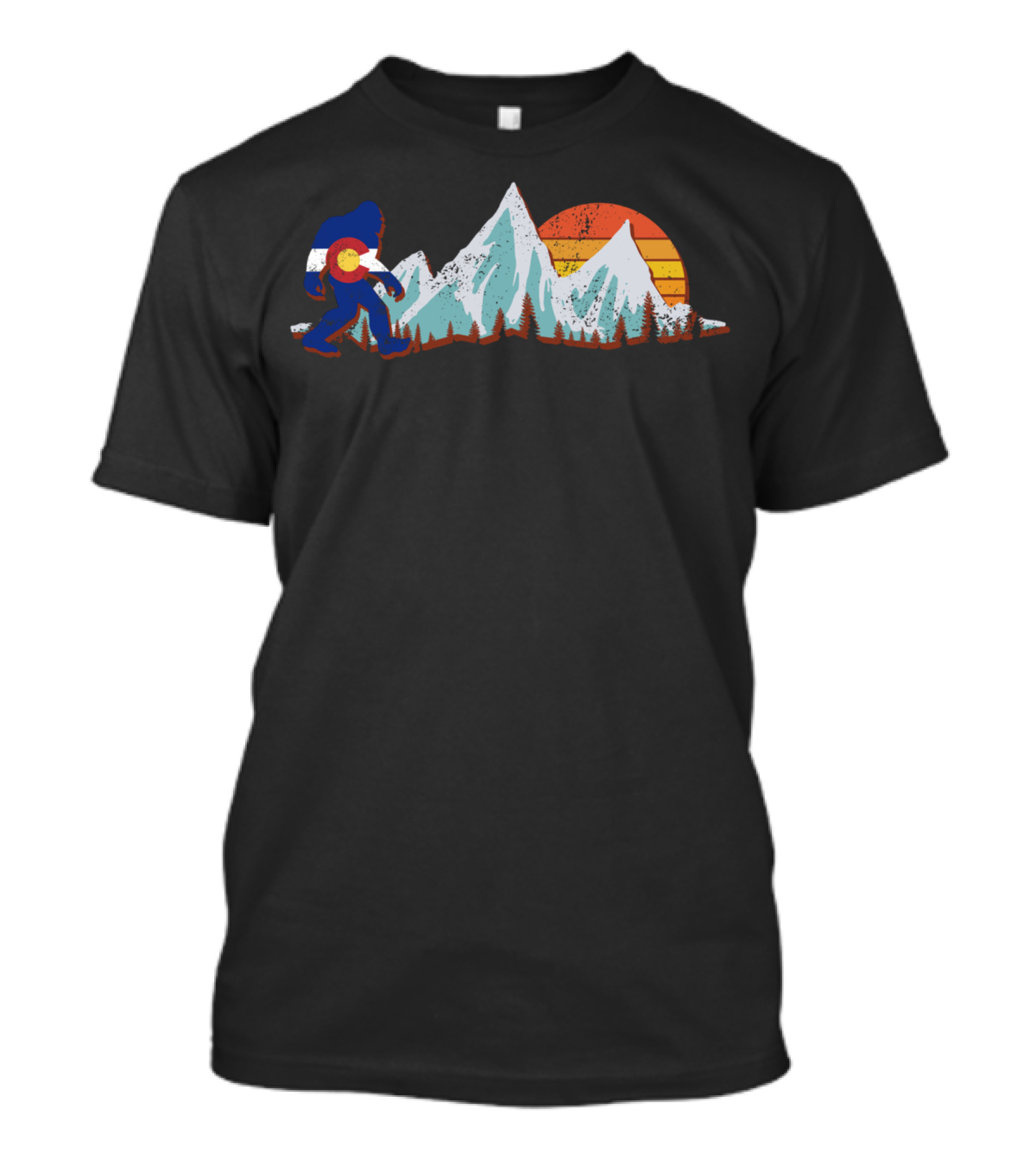 Colorado Flag Bigfoot Silhouette Mountain Scene With Sunset T-Shirt