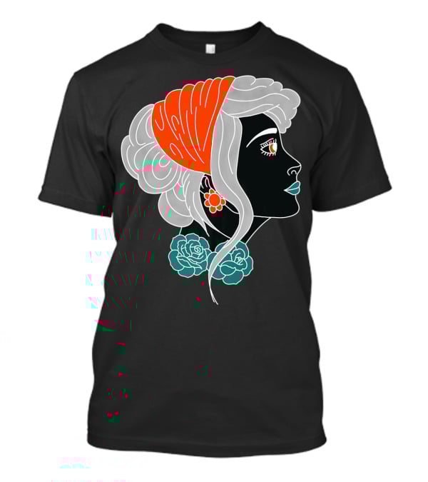 American Traditional Tattoo Gypsy Woman With Orange Headscarf And Roses T-Shirt
