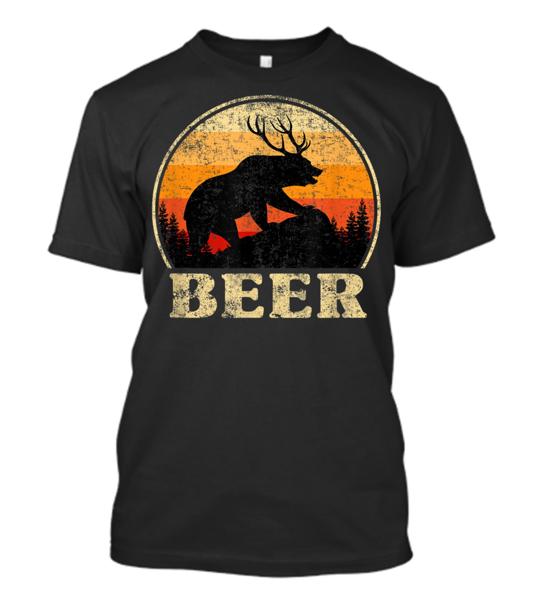 Bear Deer Beer Retro Vintage Silhouette Forest Sunset T-Shirt
