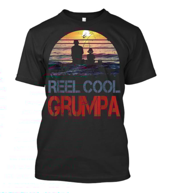 Father's Day Reel Cool Grumpa Fishing Silhouette With Sunset Background T-Shirt
