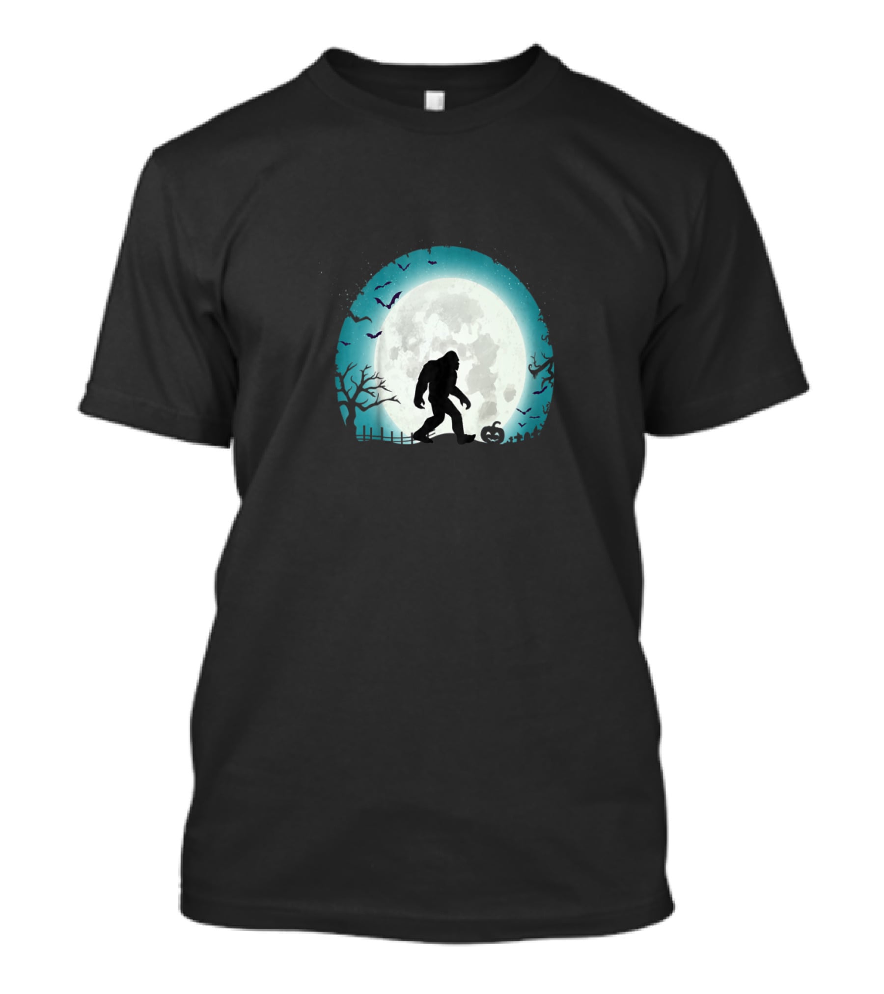 Halloween Bigfoot Silhouette With Full Moon And Bats Scene T-Shirt