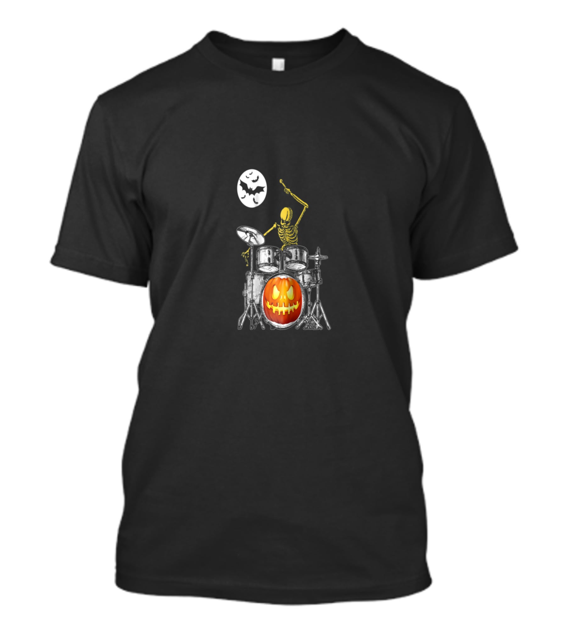 Skeleton Drummer With Jack-O'-Lantern Pumpkin Drum Under Full Moon With Bats T-Shirt
