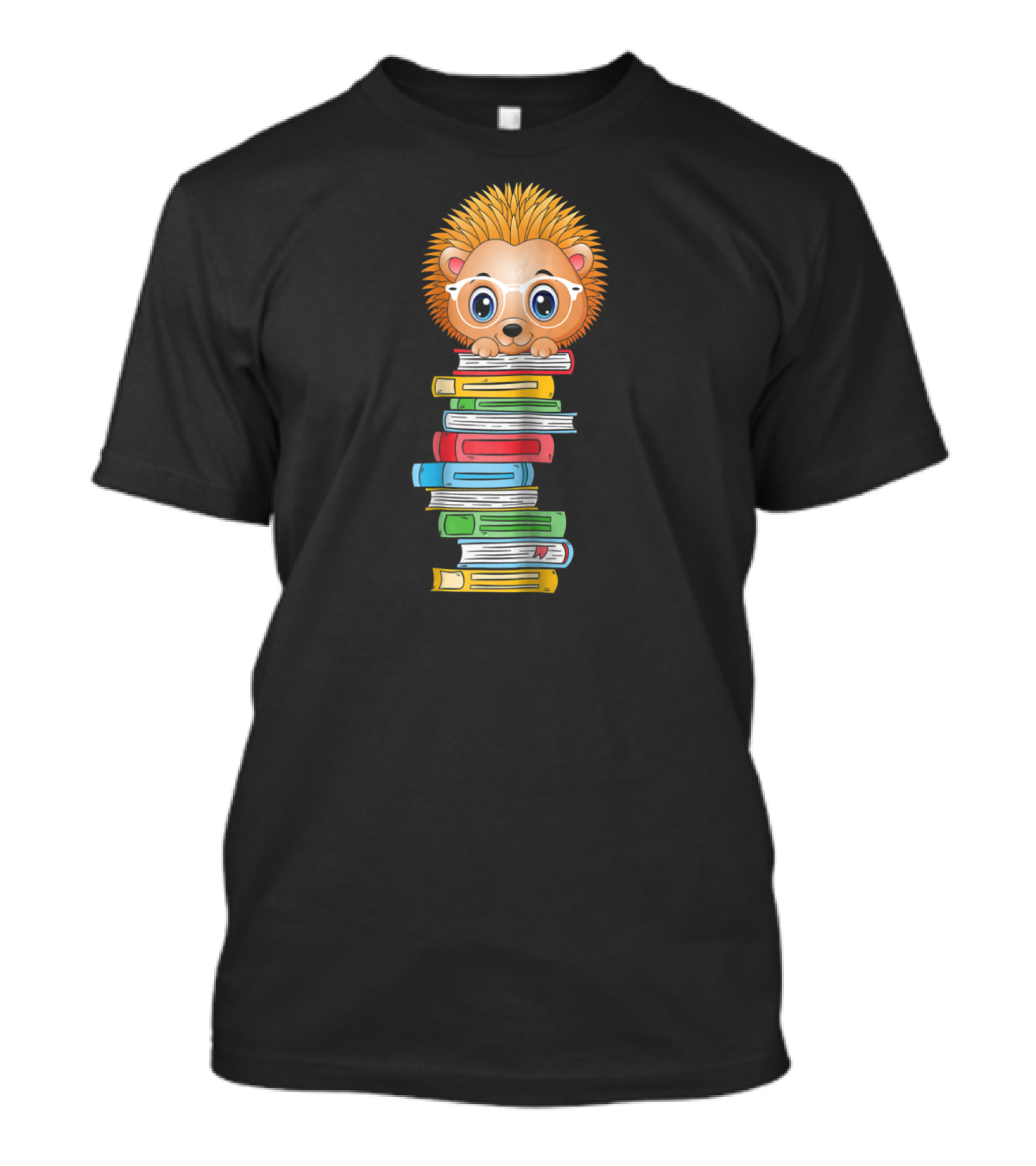 Hedgehog Book Lover With Glasses Hugging Colorful Book Stack T-Shirt