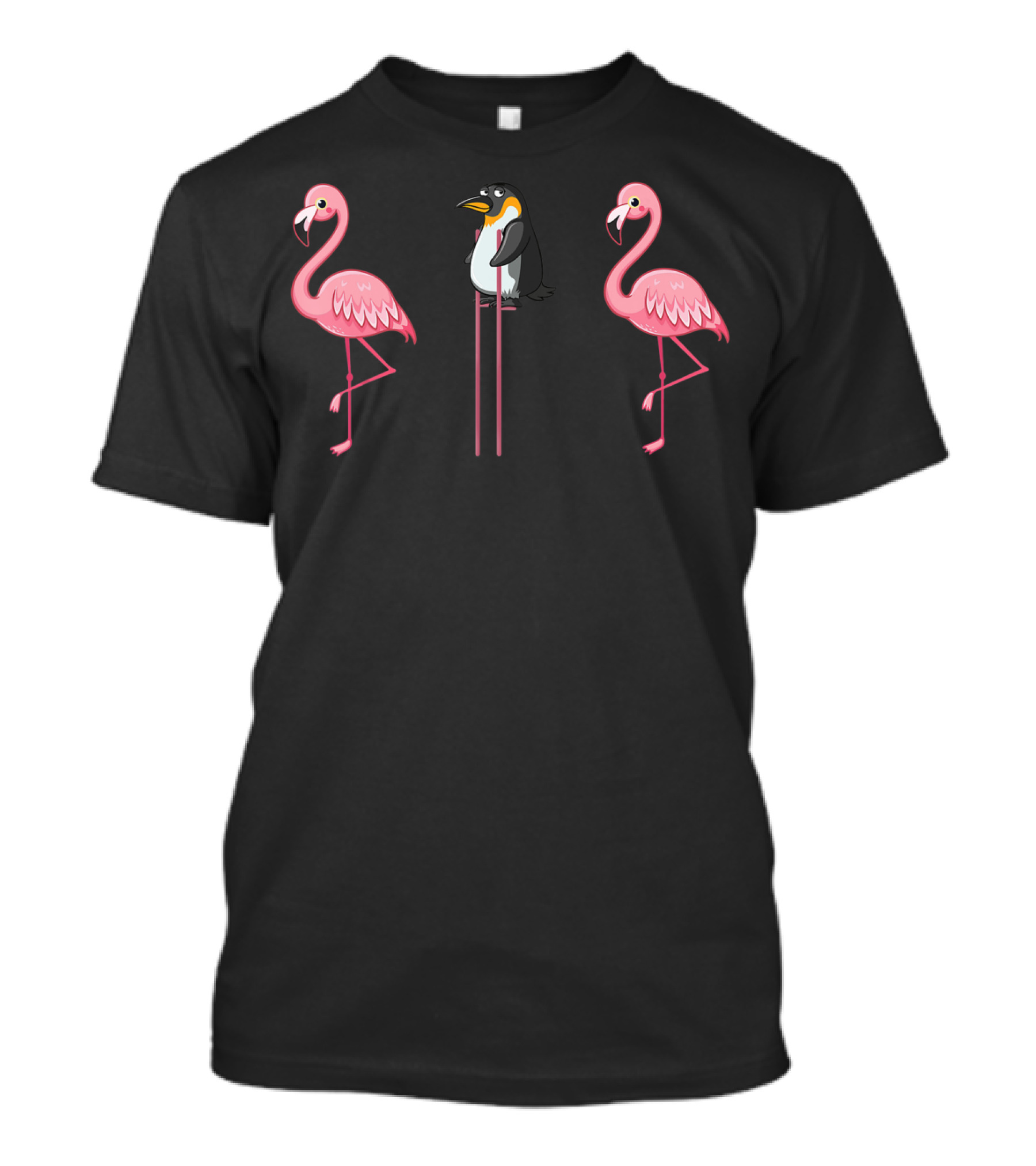 Flamingo Penguin On Stilts Flamingo Lover Scene With Two Pink Flamingos T-Shirt